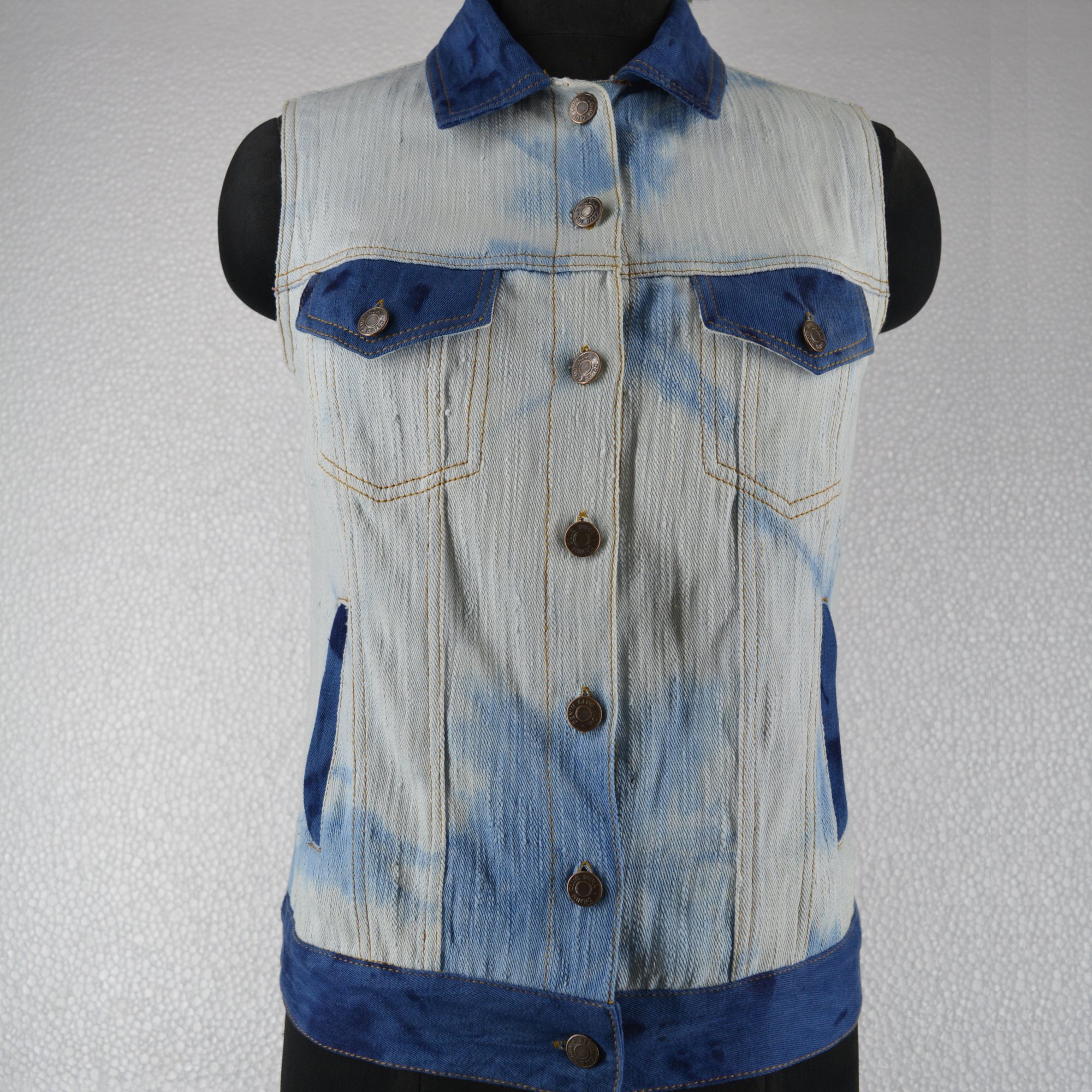 Hand-stitched Khadi Denim Sleeveless Trucker Jacket for Women - Natural Indigo Dual Tone