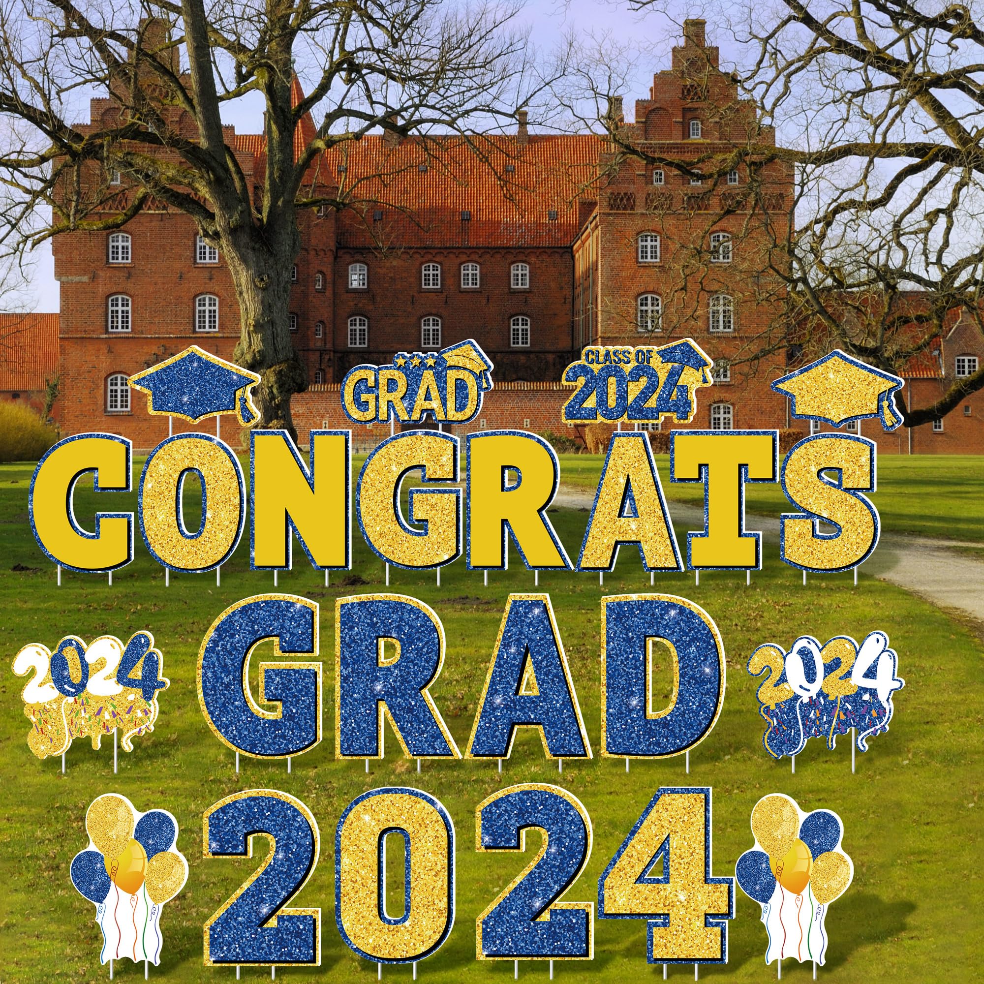 ANVAVO 2024 Congrats Grad Yard Signs Graduation Waterproof Decorations Graduation Yard Sign Decorations Grad Party Outdoor Lawn Decorations with Stakes, Royal Blue and Gold