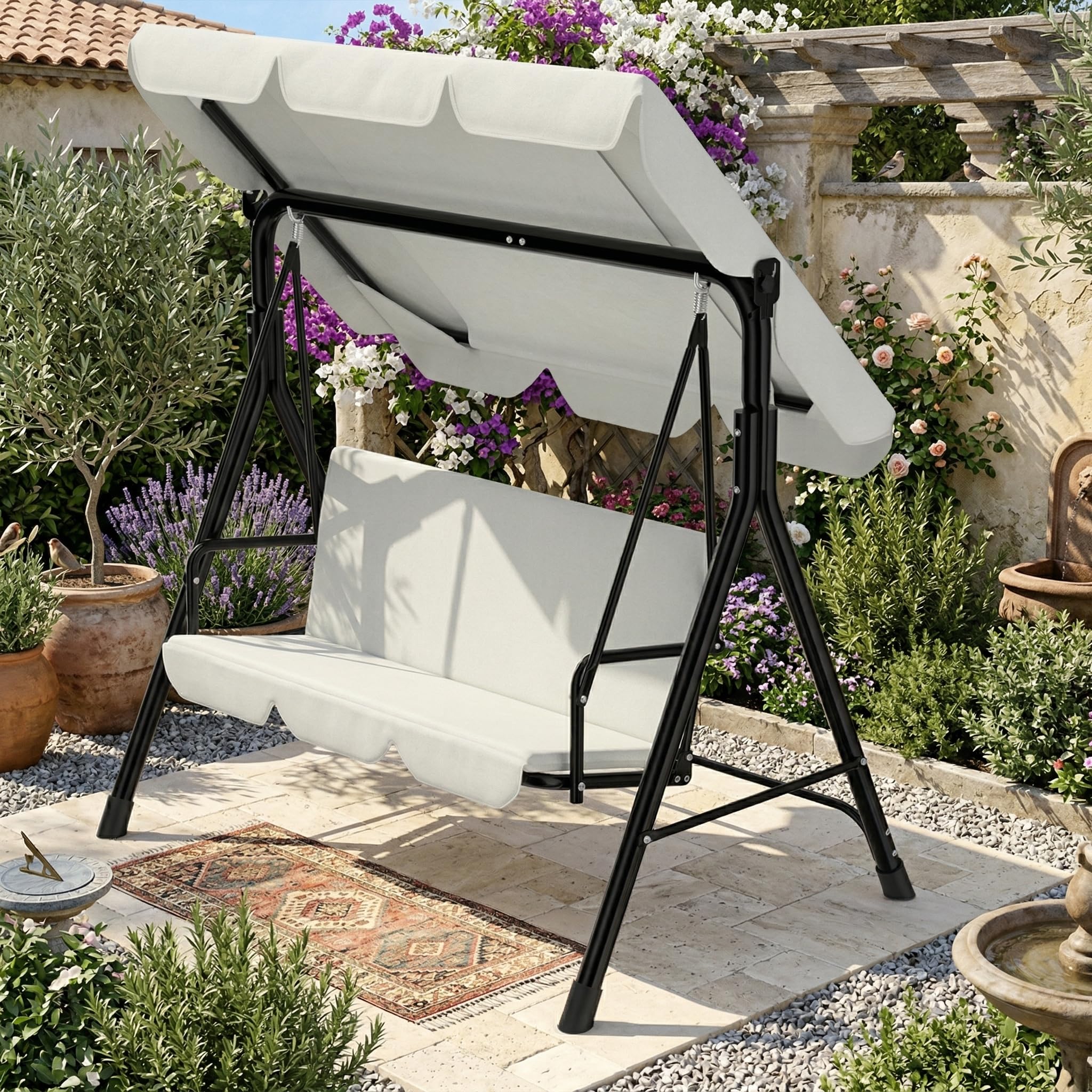 Balancelle 3 Places Beige Taille XXL 195 cm avec Toit réglable, Structure Acier 200 kg, Coussins Confortables 6 cm, Anti-UV et Anti-Pluie pour l'extérieur
