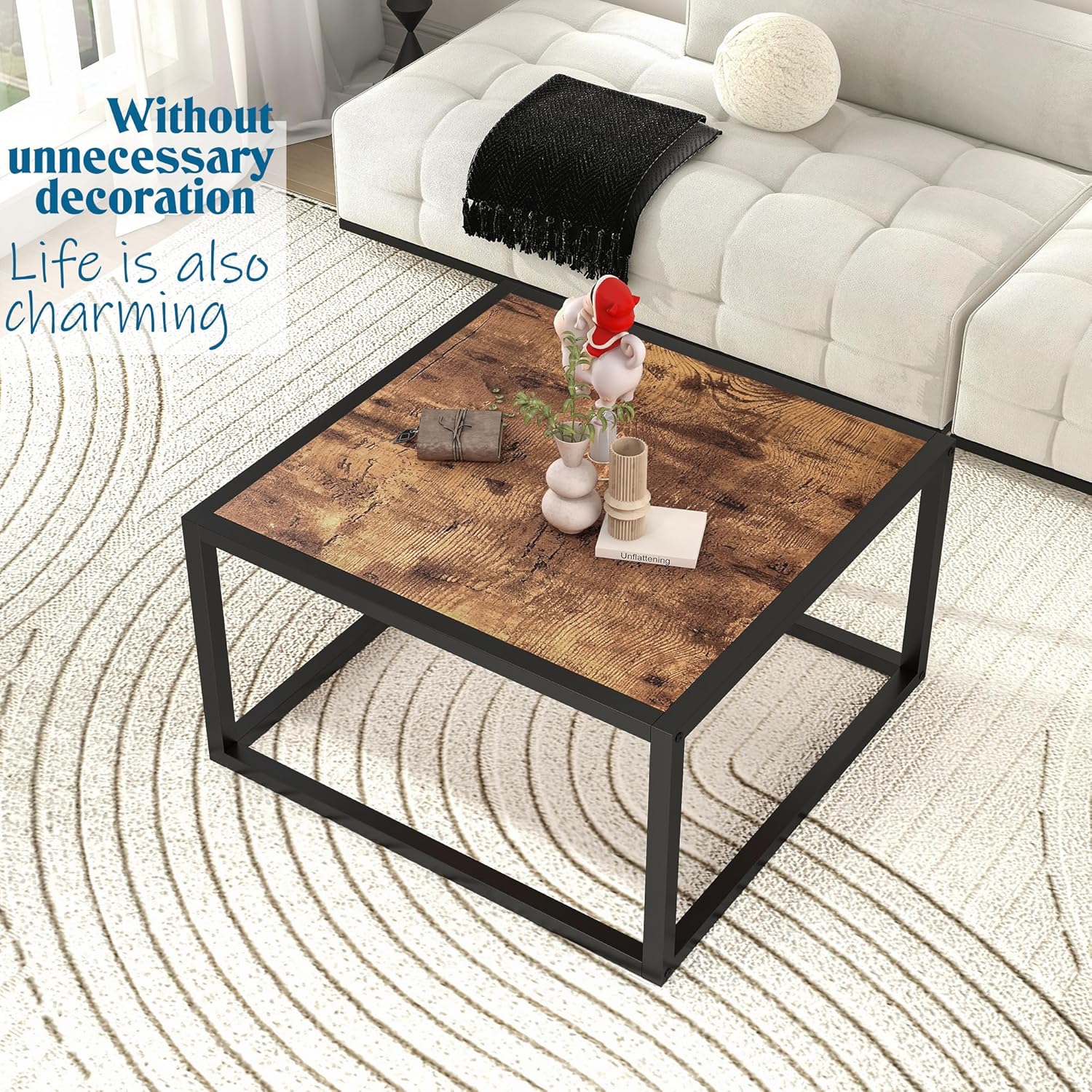 Square Coffee Table for Living Room, Tea Coffee Simple Centre Table, Modern Side Table with Wooden Top and Sturdy Metal Frame, Easy Assembly, Black and Rustic Brown