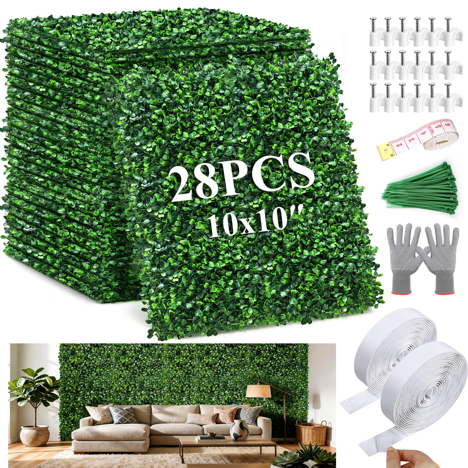 Photo 1 of 28Pcs Artificial Grass Wall Panels 10" x 10" Faux Boxwood Green Wall UV Resistant Privacy Screen 19.44 Sq Ft with Full Installation Kit for Indoor Outdoor Garden Fence Party Decor