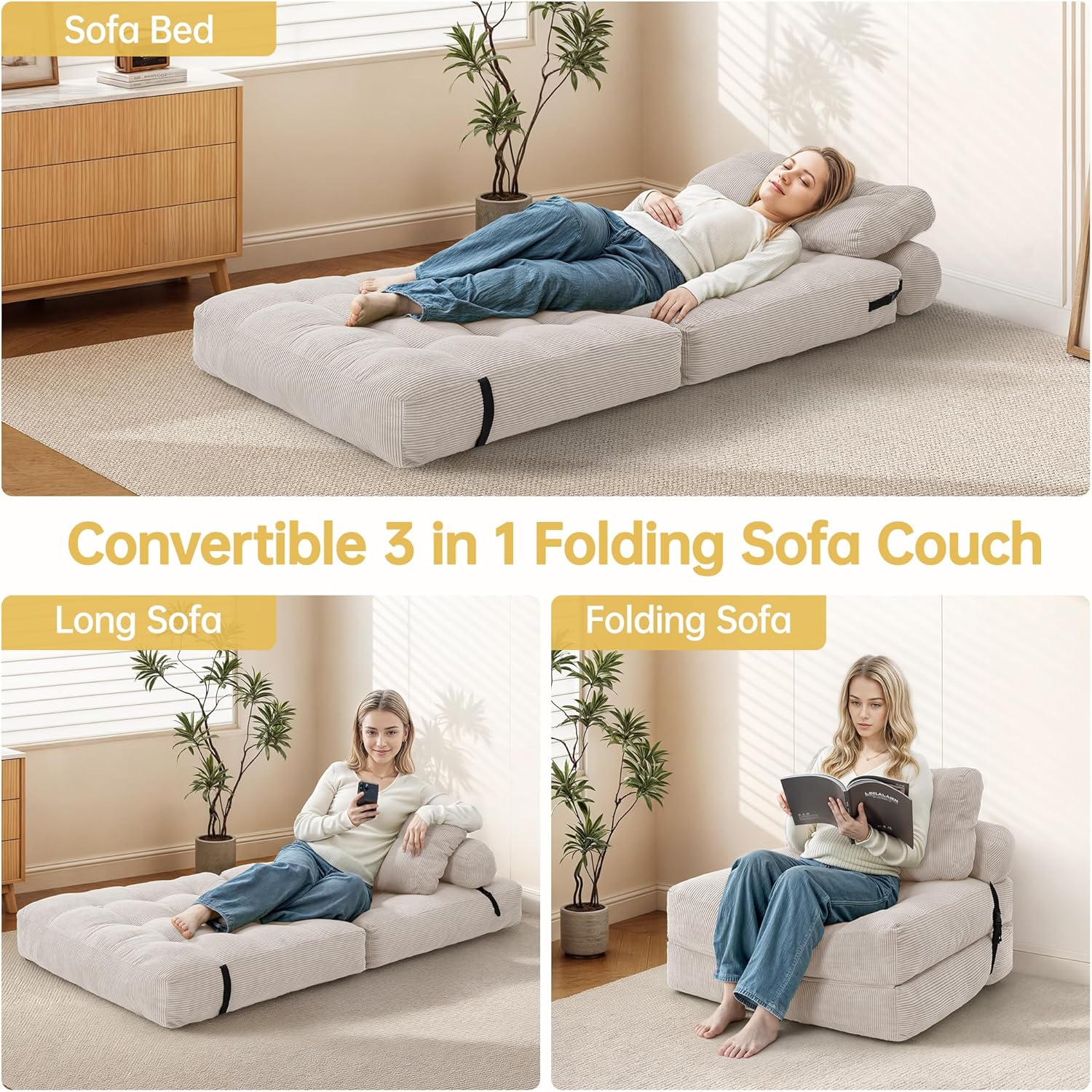 Folding Sofa Bed, Convertible Sleeper Chair Bed, Floor Couch for Adults with Back Support and Pillow, Comfy Floor Sofa Lounge for Small Spaces, Beige