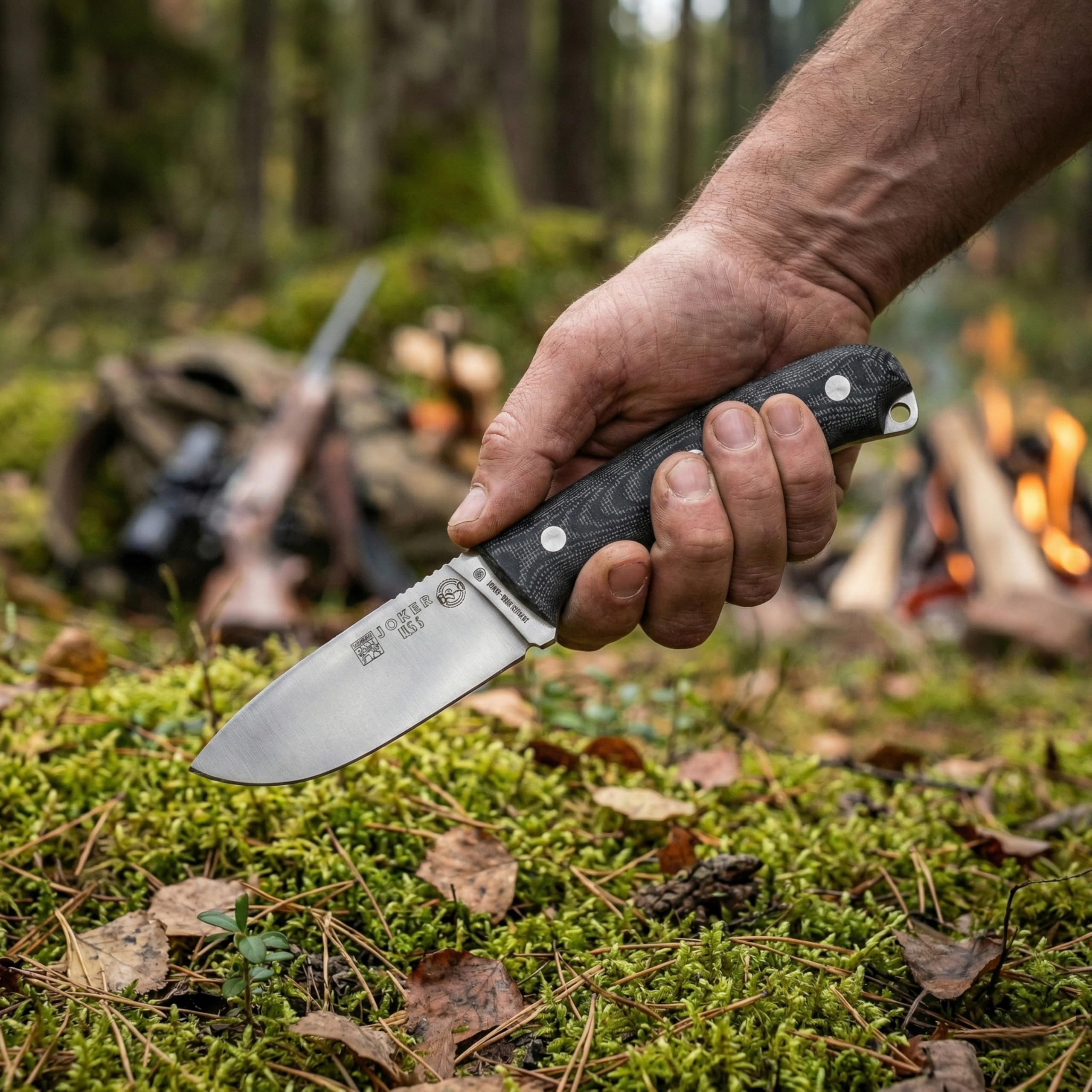 joker Sopravvivenza Coltello Ursus 0CM116, Manico in Canvas Micarta Nero, Lama 10 cm di Böhler N695, Fodero in Pelle Nera, Strumento per la Pesca, Caccia, Campeggio e Trekking
