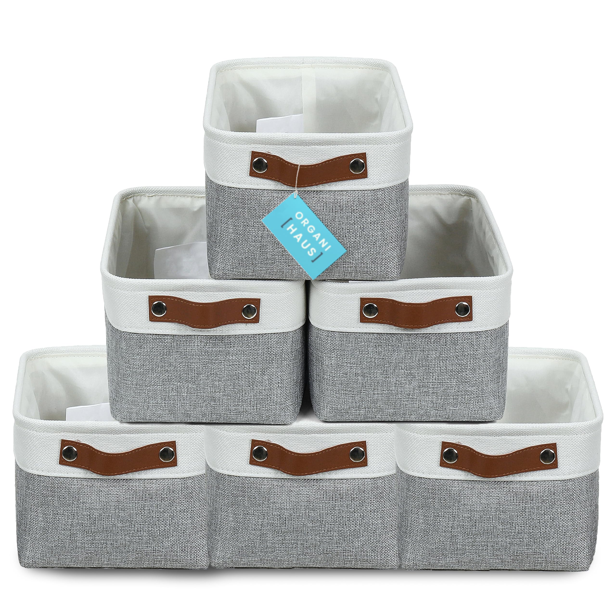 OrganiHaus Small Fabric Storage Bins for Shelves 6 Pack | 12x8in Closet Storage Bins for Shelves | Cloth Baskets for Organizing | Linen Closet Organizers | Fabric Basket - Gray/White