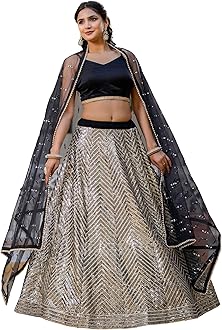 TRENDMALLS Black Georgette Embroidery Sequence Work Semi-Stitched Lehenga Choli with Net Dupatta For Women-L262-Black (Wedding-Party-Bridal-Latest-Lehenga-Choli_Free Size), Blacksilver