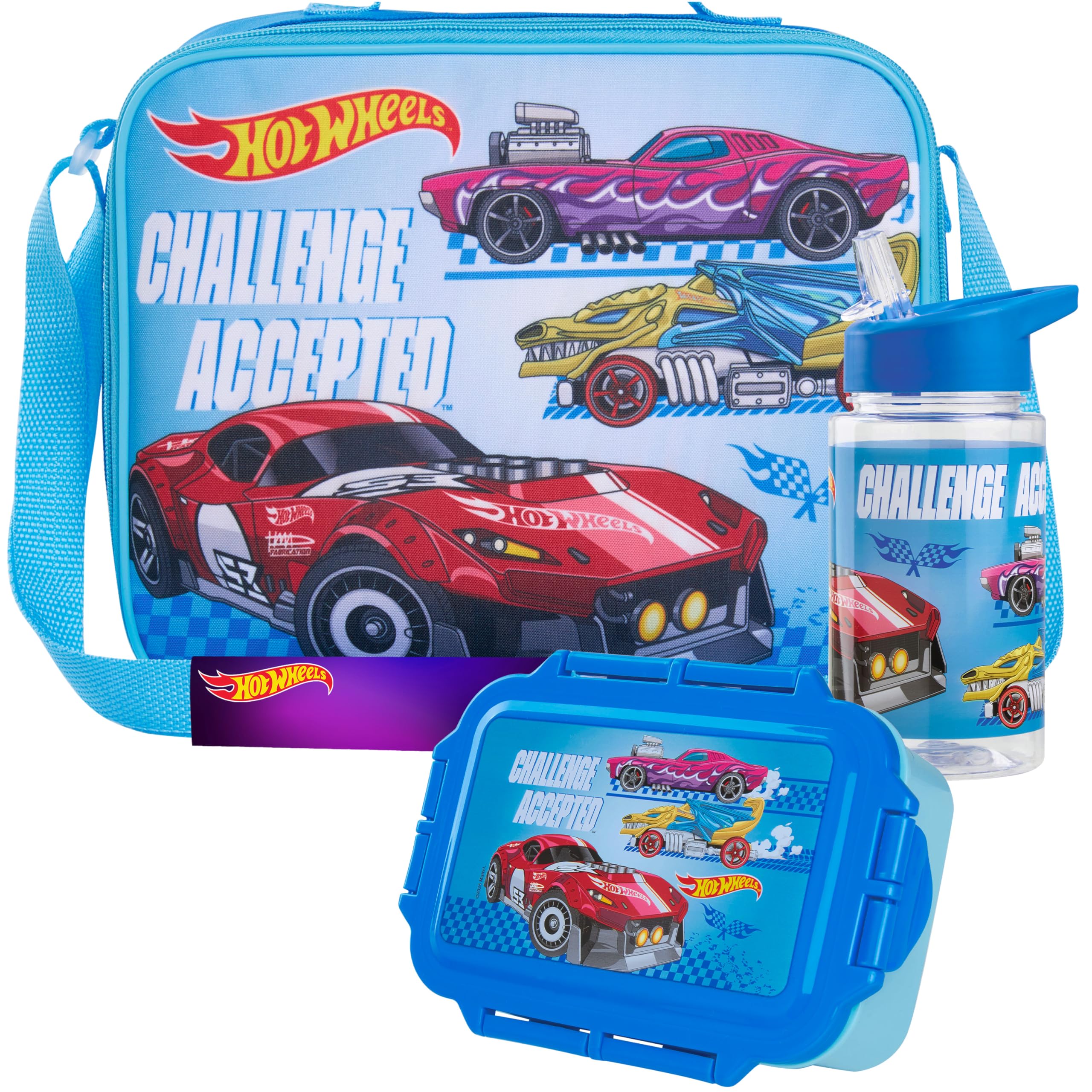 Get Trend Hot Wheels Sac Isotherme Repas Boîte à Goûter Gourde Enfant 400ml Set Déjeuner 3 Pièces Garçon Sans BPA École Voyage Pique Nique (Bleu Hot Wheels)