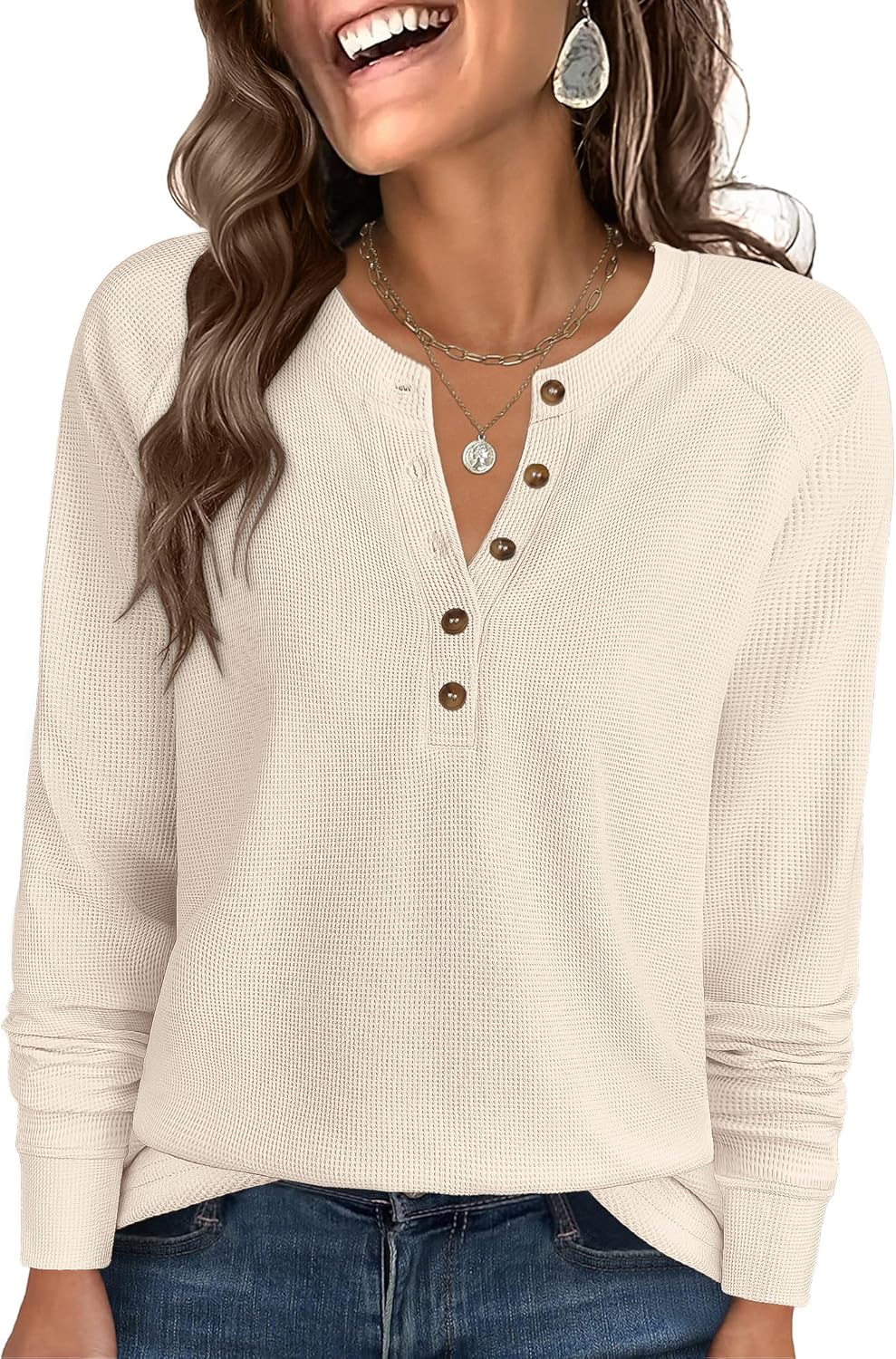 ANRABESS Women’s Long Sleeve Waffle Knit Shirts Dressy Casual Loose Button Up V Neck Henley Tops 2026 Fall Basic Tee Blouse