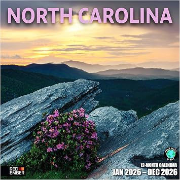 RED EMBER North Carolina 2026 Wall Calendar 12 Month | 12" x 24" Open | Thick & Sturdy Paper | Holiday Gift | Travel Calendar 2026