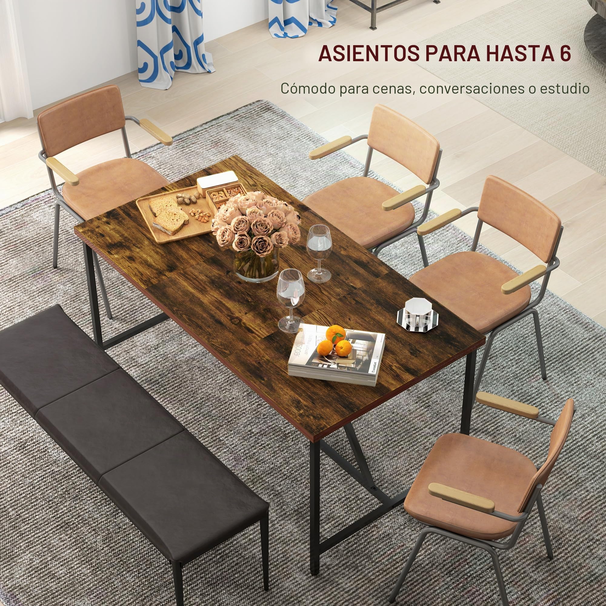 HOMCOM Mesa Rectangular para 6 Personas 150x80x75 cm Marrón | Mesa de cocina, Estilo industrial, Patas ajustables, Madera y acero, para comedor, sala de estar, estudio
