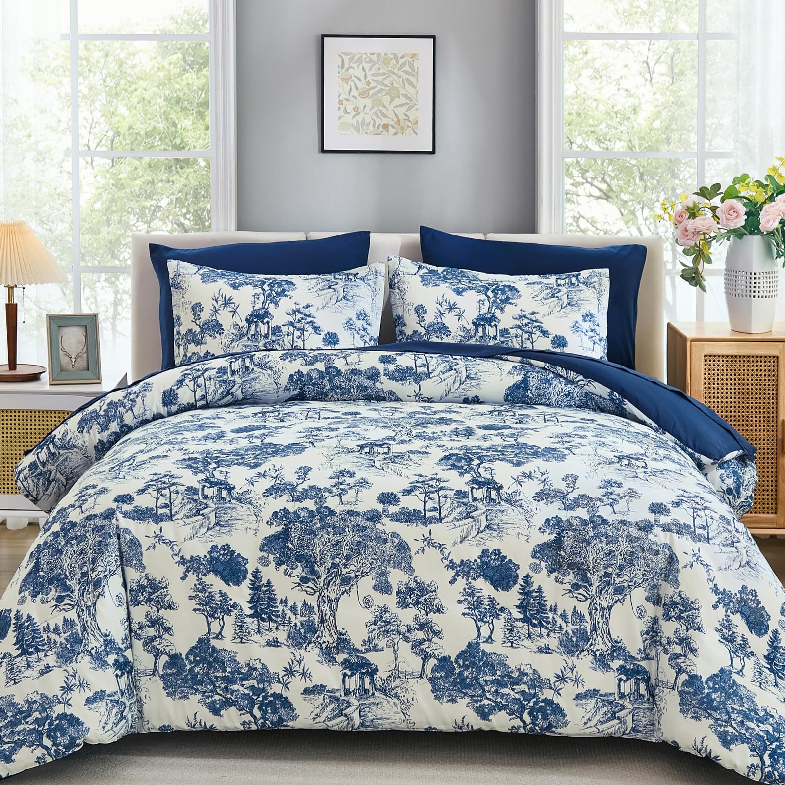 DJY Navy Blue Comforter Set Queen Size,7 Pieces Bed in a Bag Botanical Comforters with Sheets Elegant Plants Print Soft Microfiber Reversible Complete Bedding Sets for All Season