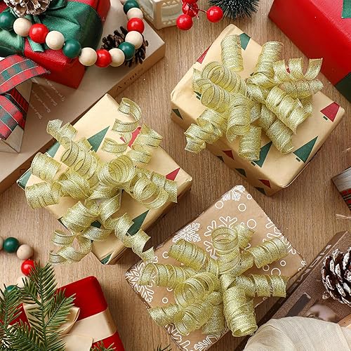Miniatura 2 de Xinnun 24 lazos para envoltura de regalos, lazo rizado de Navidad de 6 pulgadas, lazos de regalo autoadhesivos con purpurina para manualidades,