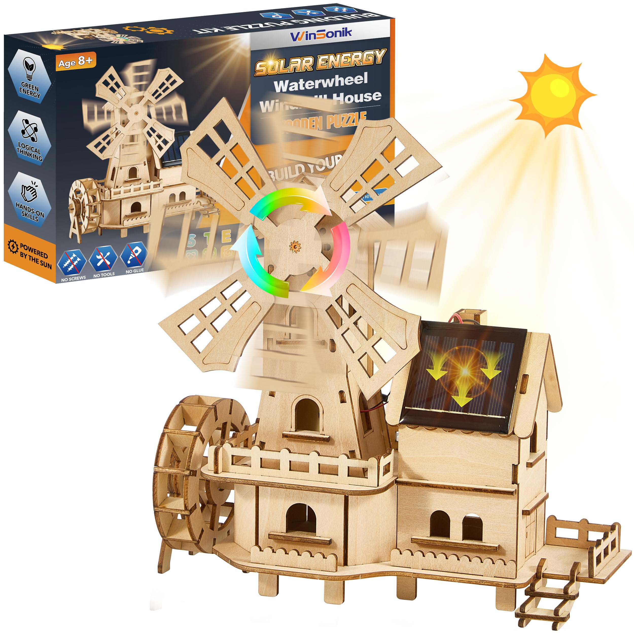 Snap-Fit Solar 3D Wooden Puzzle | Tools-Free STEM Waterwheel Windmill House Building Toy | Science Woodcraft Construction Model Kit for Kids 8-15 & Adults,Adopt Basswood-Safe&Sturdy