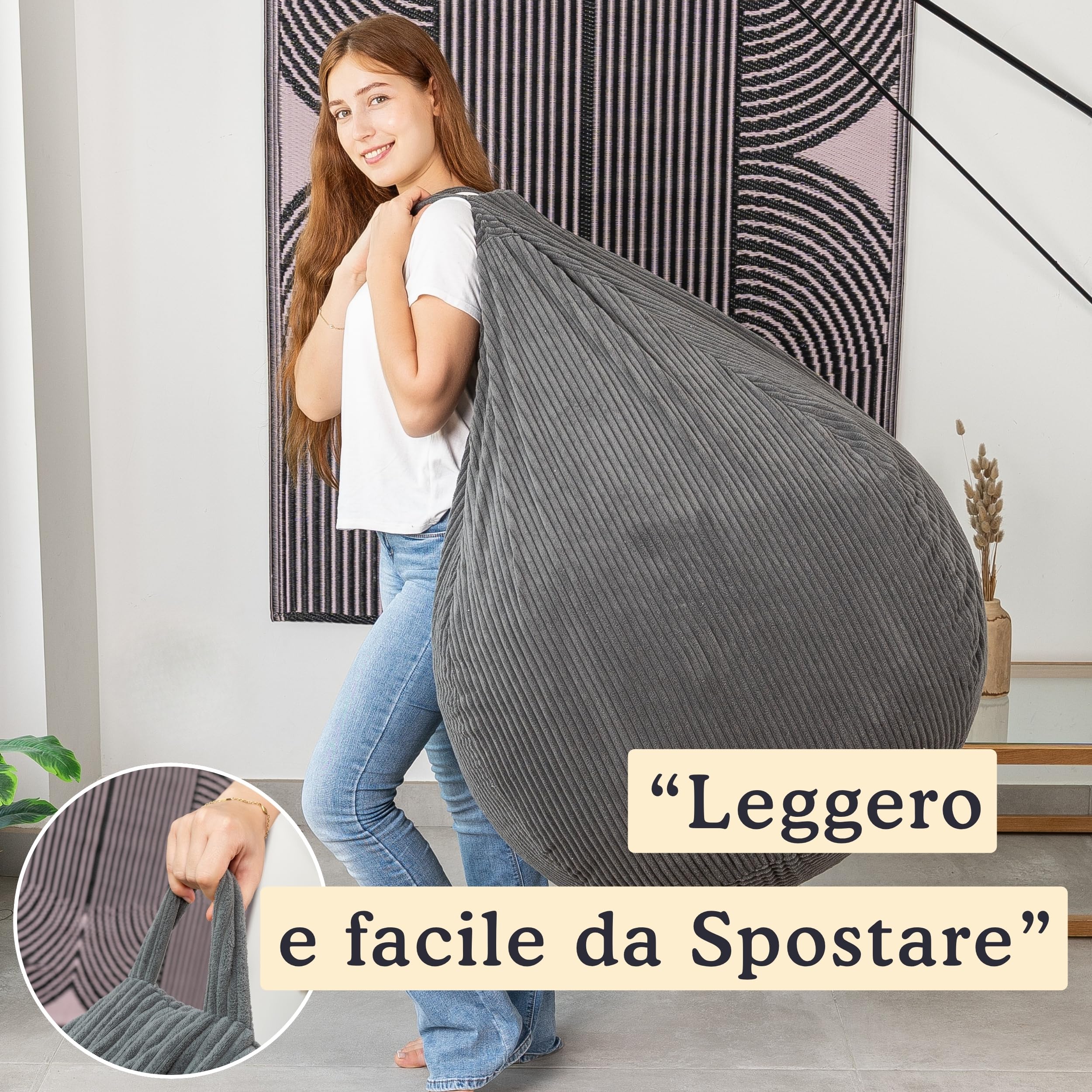 bananair - Pouf Poltrona Sacco in Velluto a Coste Larghe - Imbottitura in Schiuma, Morbido - Fodera Lavabile - Facile da Trasportare, Per Bambini e Adolescenti (105x85 cm, Grigio Scuro)