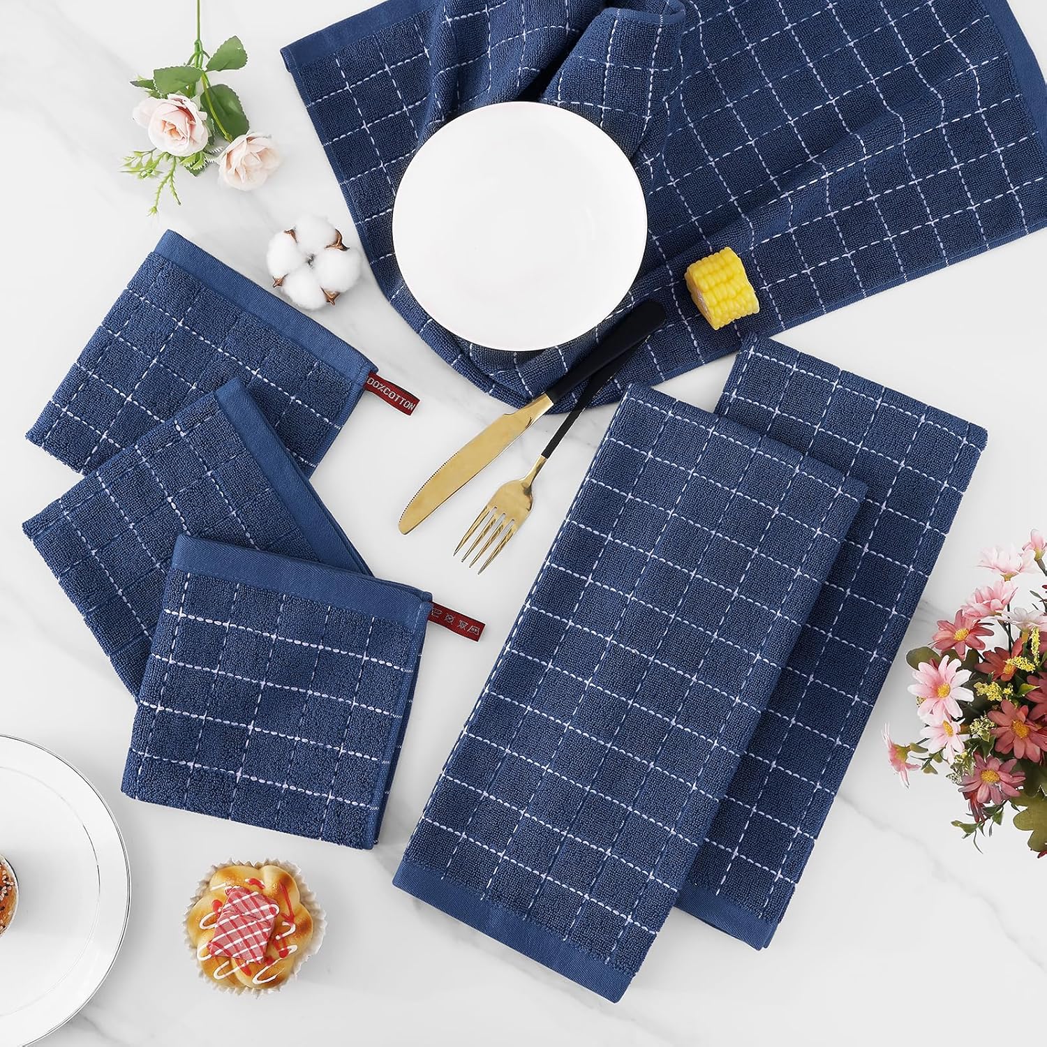 Homaxy Kitchen Towels and Dishcloths Set, 12 x 12 and 13 x 28 Inches, Set of 8 Bulk Cotton Terry Kitchen Towels Set, Checkered Designed, Soft and Super Absorbent Dish Towels, Navy Blue - Image 6