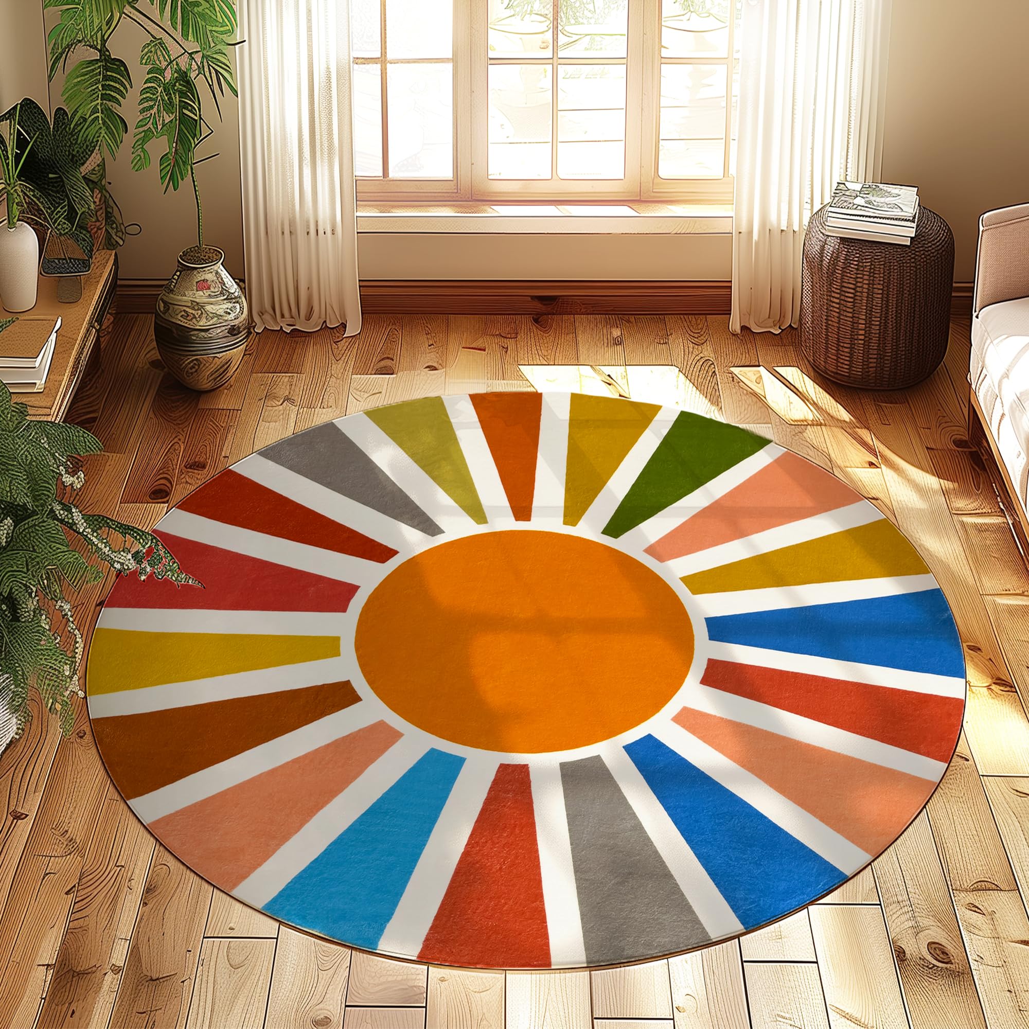 Washable 5Ft Round Sun Area Rug for Living Room, Rainbow Sun Modern Abstract Boho Circle Rug, Ultra Thin Low Pile Lightweight Indoor Carpet Mat with