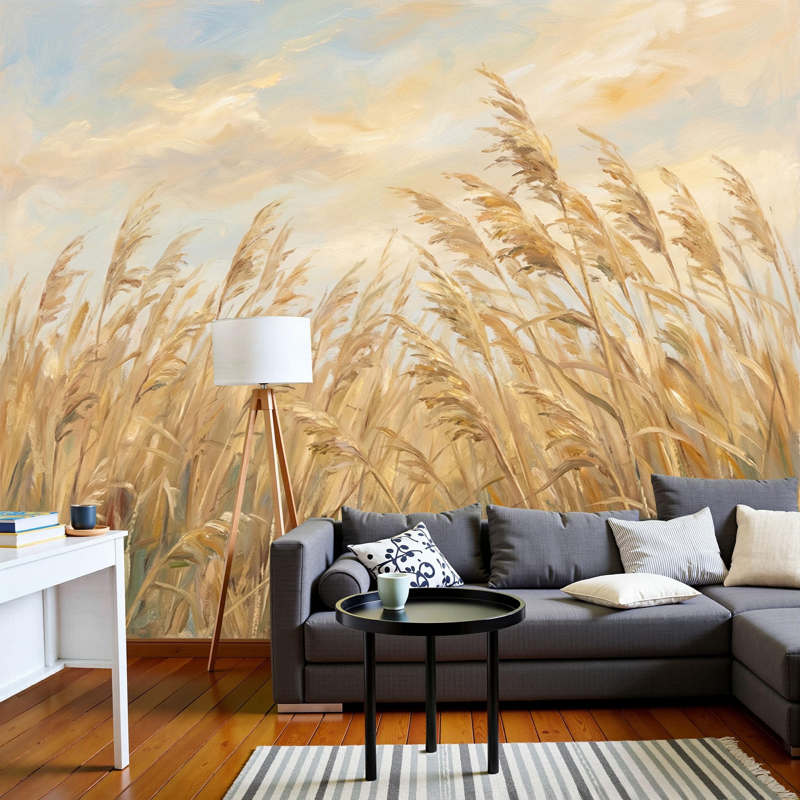 Papier peint paysage rétro roselière effet 3D haut de gamme beige
