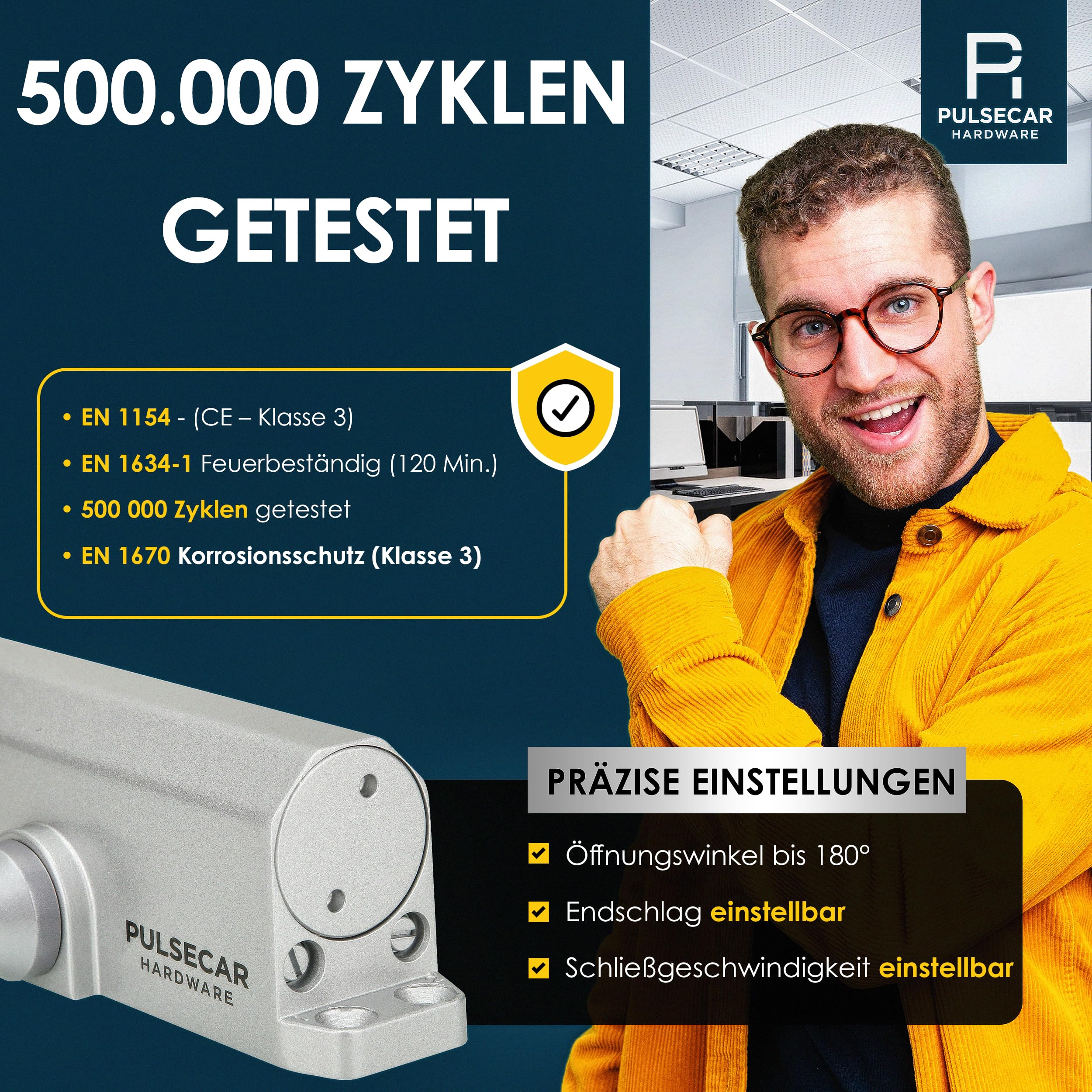 Türschließer nach EN 1154 & EN 1634-1 – Selbstbohrende Schrauben – Leise, einstellbare Schließkraft Einfache & schnelle Montage – Für Türen bis 65 kg, Größe 3 – Gewerbe & Privat (2, Silber)