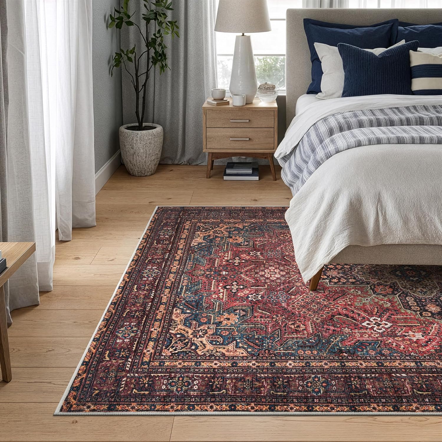 Bloom Rugs Washable Non-Slip 4' x 6' Rug - Red/Teal Blue/Yellow Traditional Medallion Area Rug for Living Room, Bedroom, Dining Room, and Kitchen - Exact Size: 4' x 6'