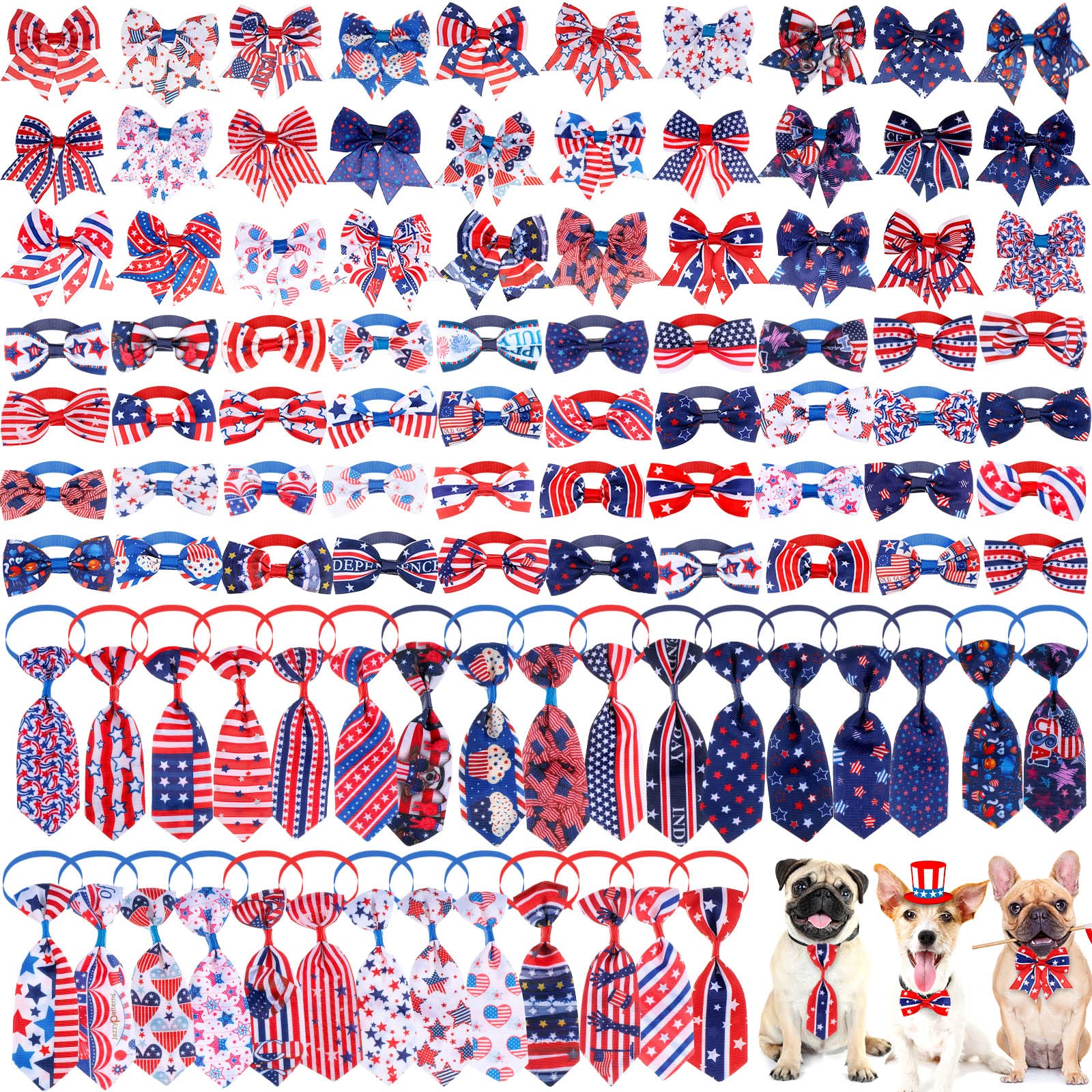 100 Pieces Independence Day Dog Bow Tie Collar Set Include Dog Neckties and Dog Bow Tie, Adjustable 4th of July Dog Bows Grooming for Small Medium Dogs Supply