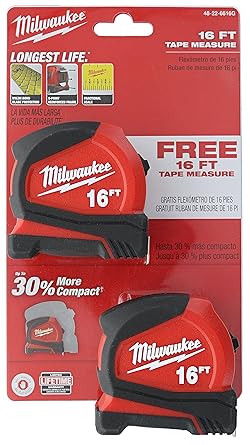 Milwaukee 48-22-6616G 2-Pack of 16 Inch Compact Tape Measures w/Double-Sided Tape and Scoring Hook