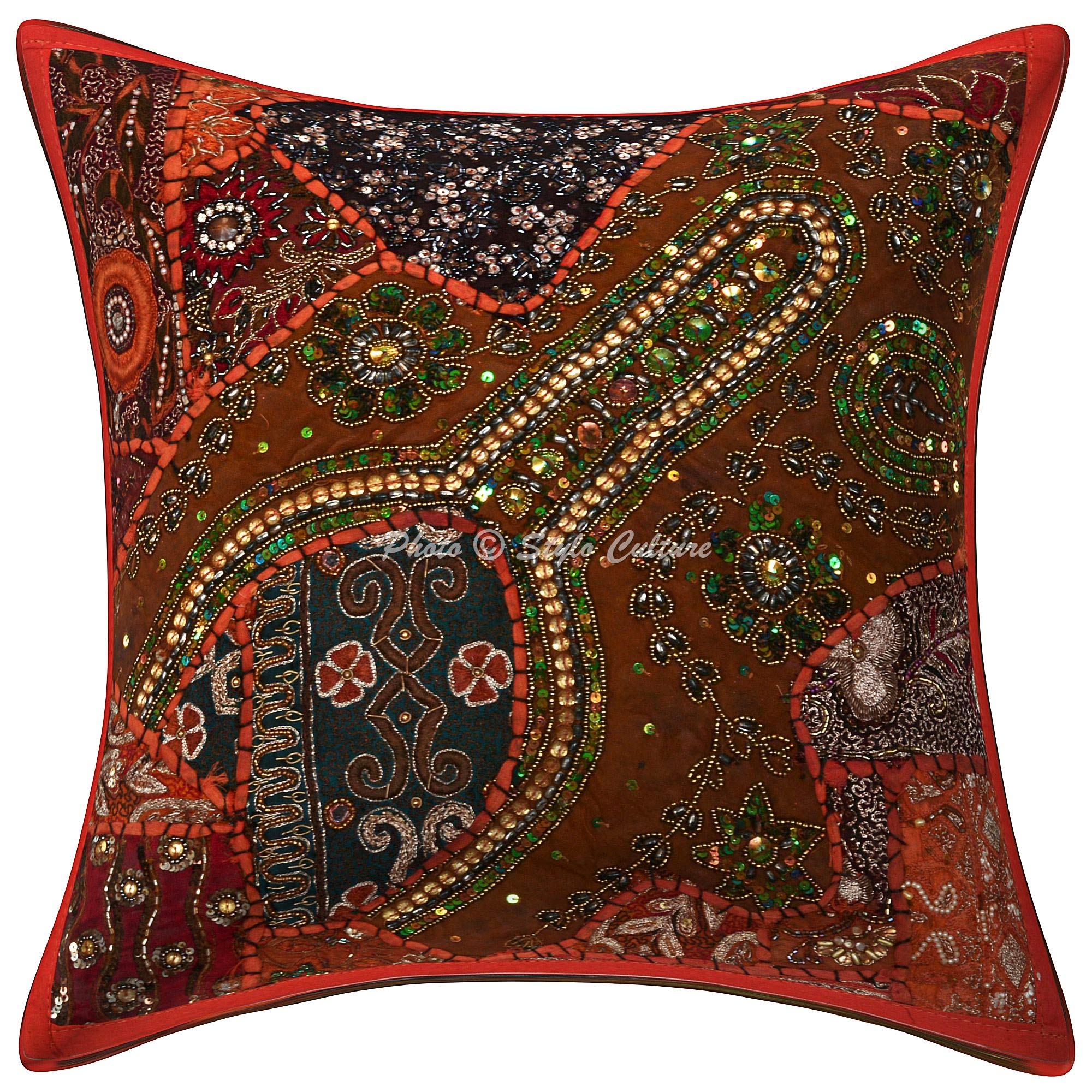 Etnico Fodere Per Cuscini 40x40 cm Decorativo Sedie Divano Design Del Collo Patchwork Ricamato Con Perline Arancia Quadrato Elegante 16x16 pollici Federe Per Cuscino Poltrona - 5 pezzi
