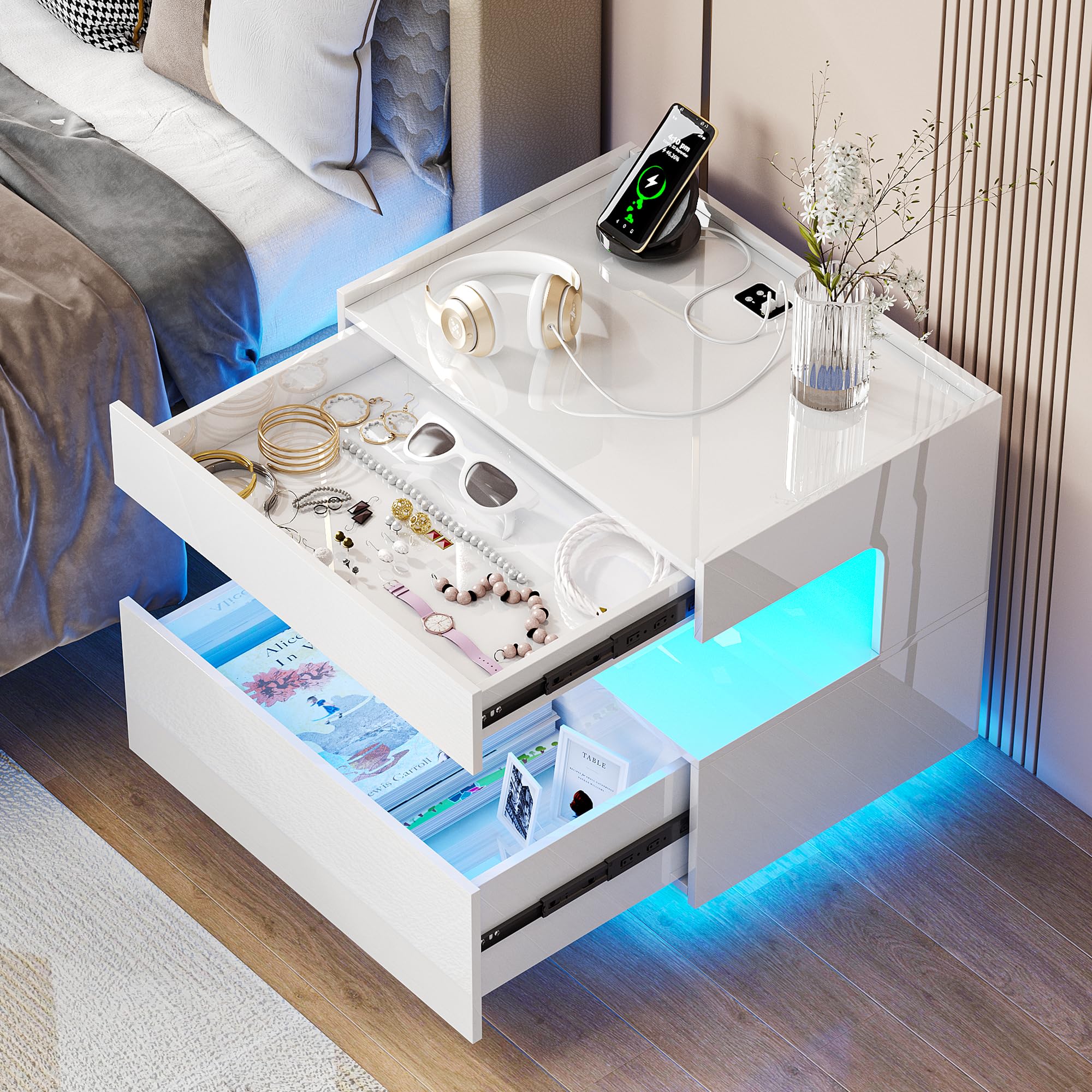 Vlsrka LED Nachttisch mit Ladestation, Nachttische mit USB-Anschlüssen | Moderner Nachttisch mit Bewegungssensor und LED-Beleuchtung, Beistelltisch mit 2 Schubladen für das Schlafzimmer, Weiß