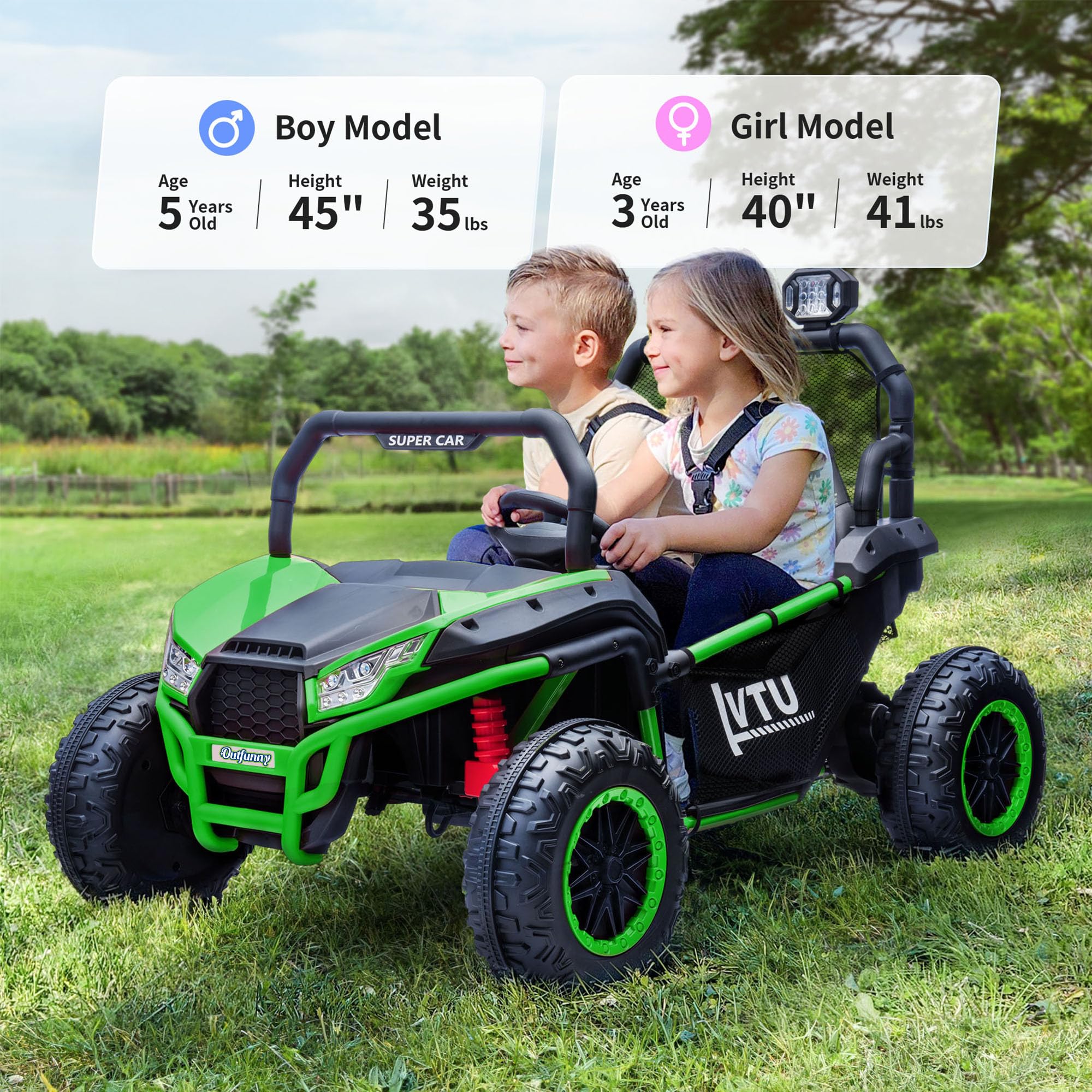 Outfunny 2 Seater Kids Ride-On Car, 12V 4WD Kids UTV Ride on Toy for Big Kids Age 3-8 w/Remote Control, Bluetooth, Storage - Green