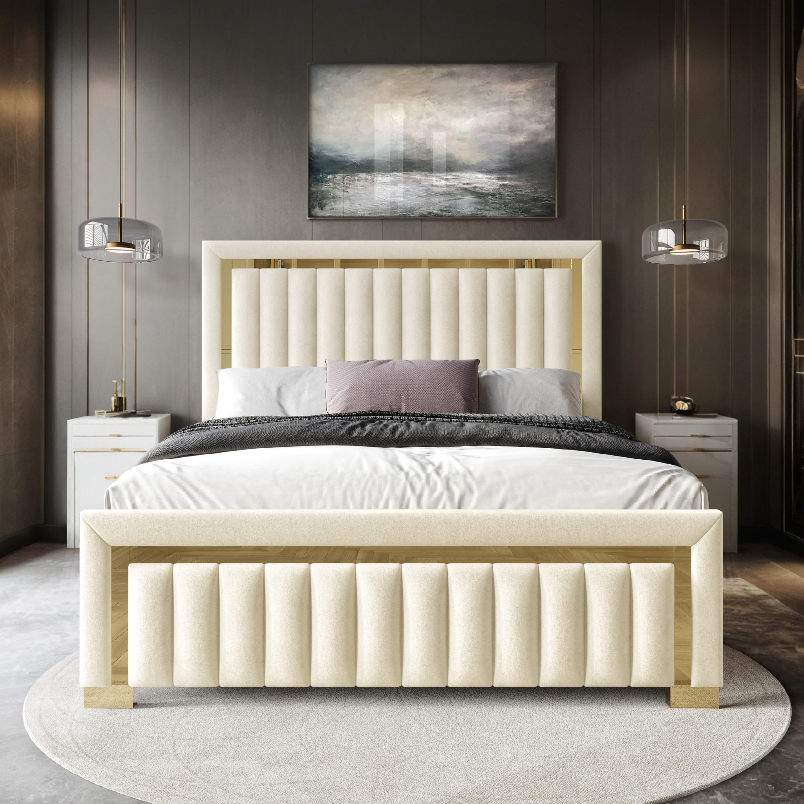 HOME DESIGN Olathe Queen Size Upholstered Panel Bed Frame, Vertical Channel Tufted Headboard with Gold Metal Accent, Velvet Fabric, Platform Design,