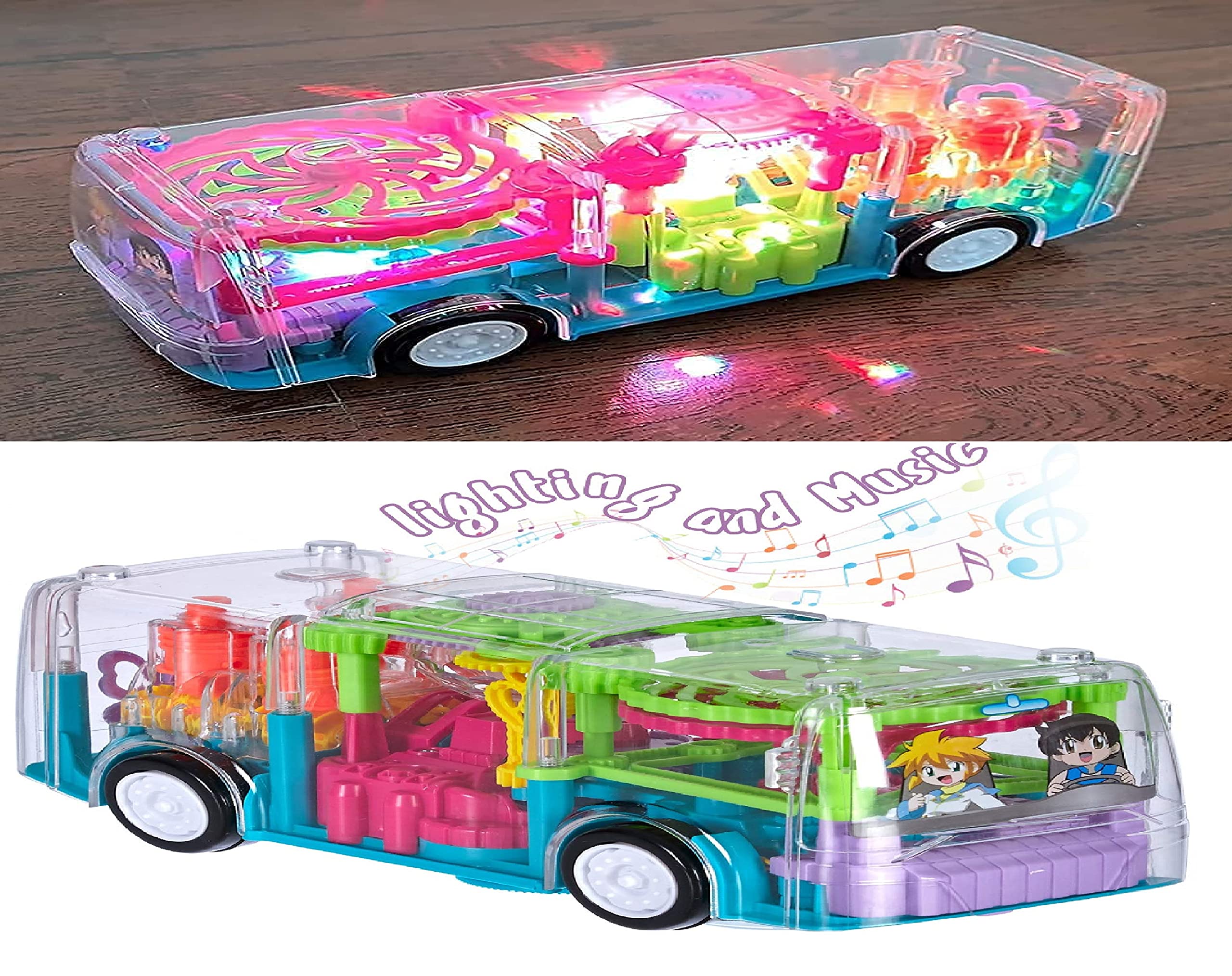 Supreme Deals® 1:32 Scale Model Transparent Bus Concept Musical Bus, 3D Bus Toy with 360 Degree Rotation, Bump & Go Gear Transparent Bus Toy with Light & Sound Effects Educational Toys for Kids