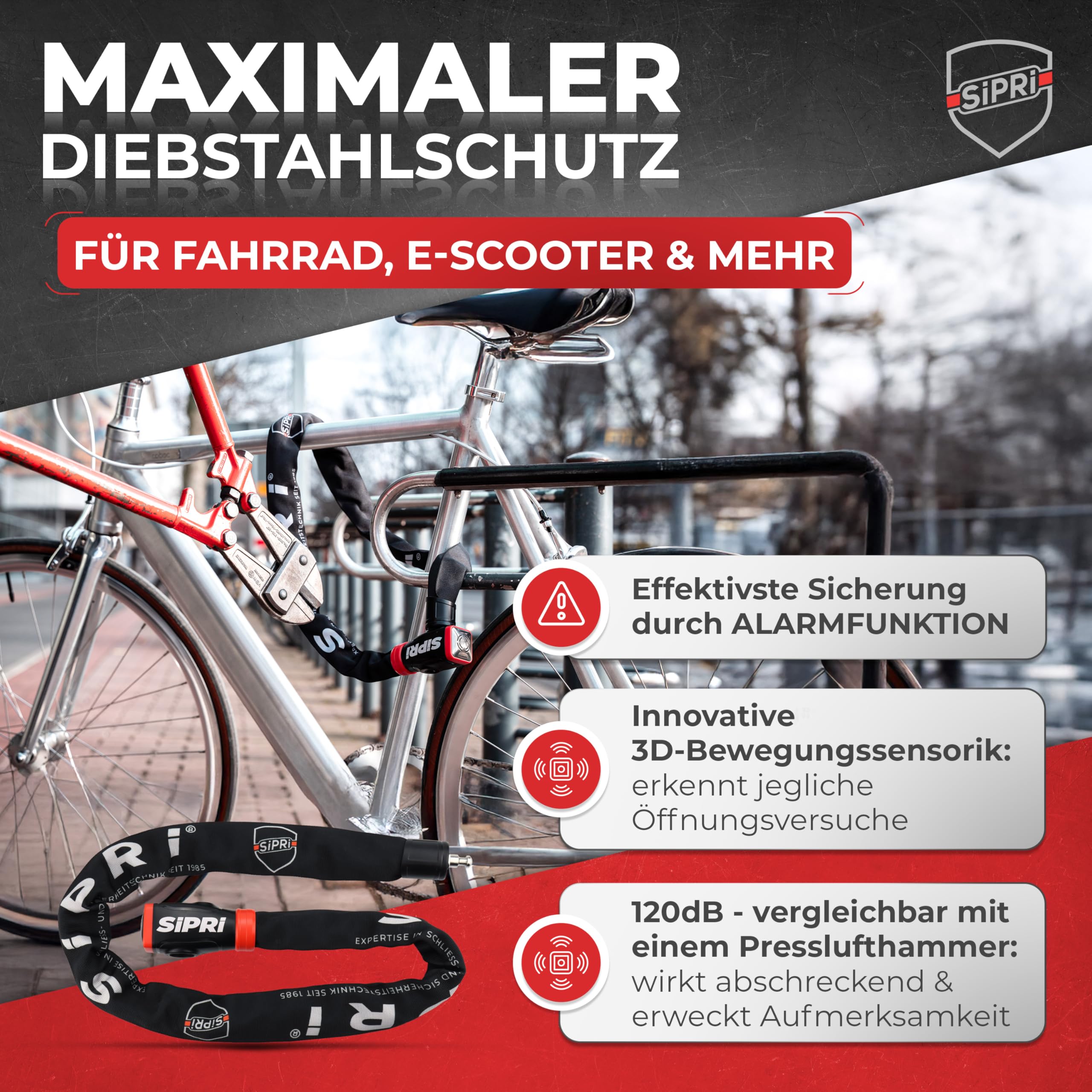SIPRI® Fahrradschloss mit Alarm 120 dB | Kettenschloss Fahrradschloss hohe Sicherheit für E-Bike, E-Scooter & Motorrad | 8 mm Stahl, wetterfest, robust & langlebiges Schloss mit Schlüssel