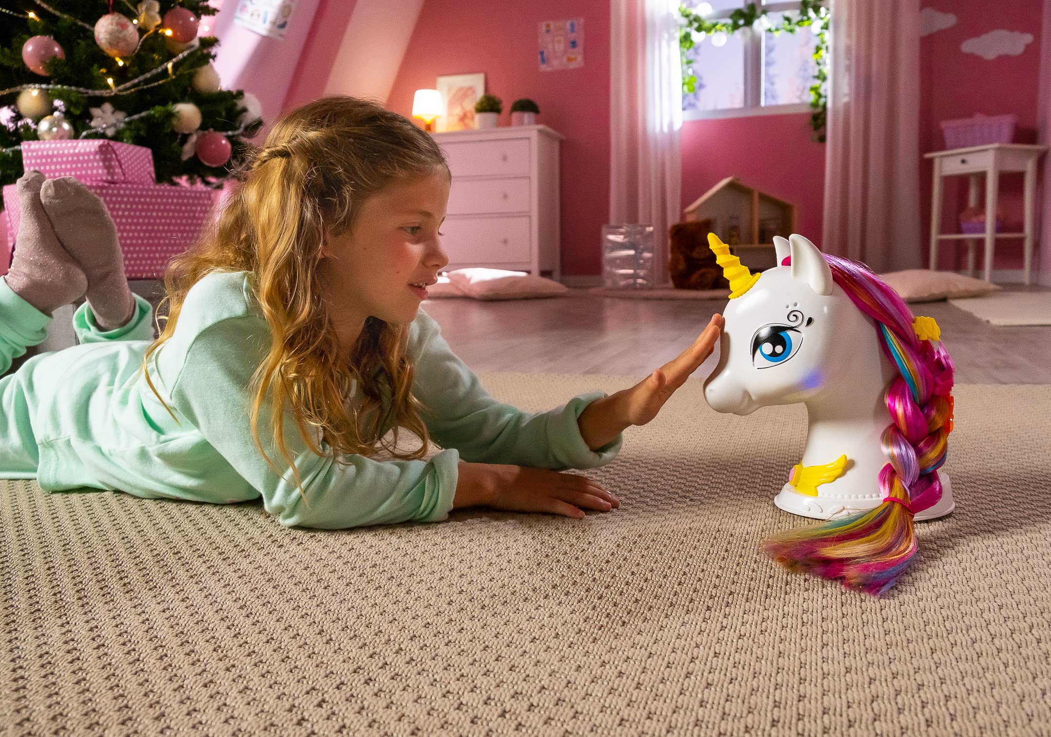Lexibook, Testina interattiva per acconciatura Unicorno, Capelli Lunghi e setosi, interattiva, Musica e Accessori magici, per Bambini dai 3 Anni in su, Bianco/Rosa, SHUNI