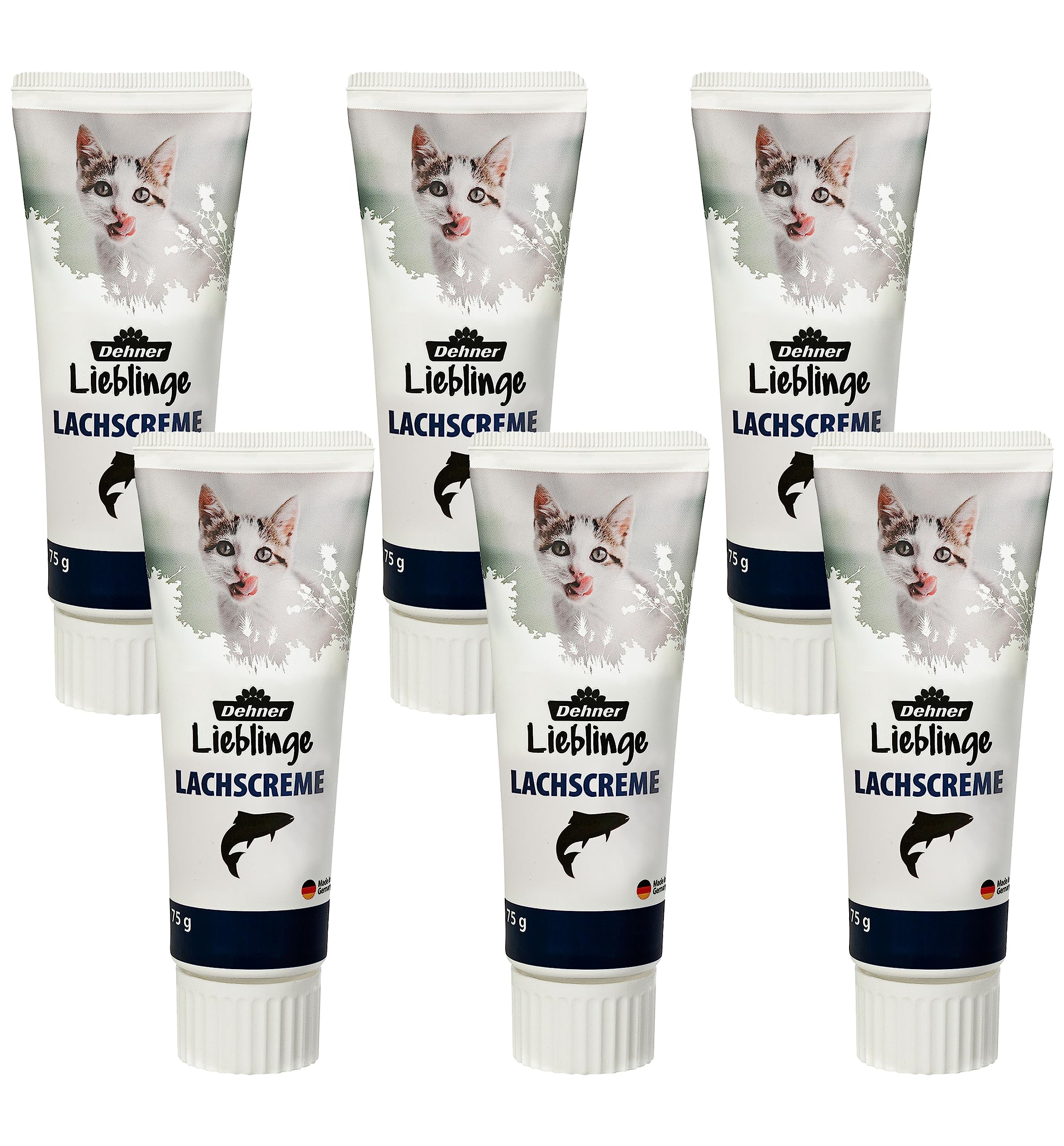 Dehner Lieblinge Katzensnack, Leckerli Creme zuckerfrei, für ausgewachsene Katzen, Lachs, 6 x 75 g (450 g)