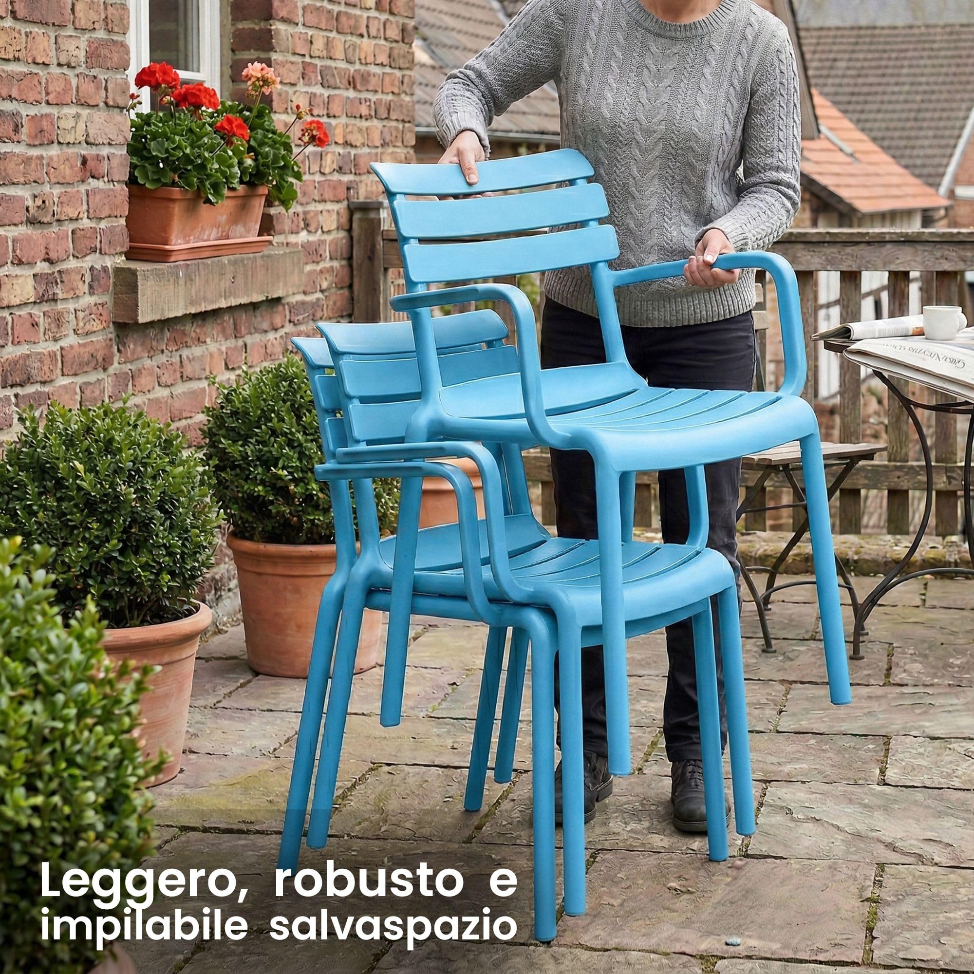 CLP Sedia da giardino impilabile con braccioli Joliya, sedia in plastica resistente alle intemperie e ai raggi UV, portata fino a 150 kg Colore:blu