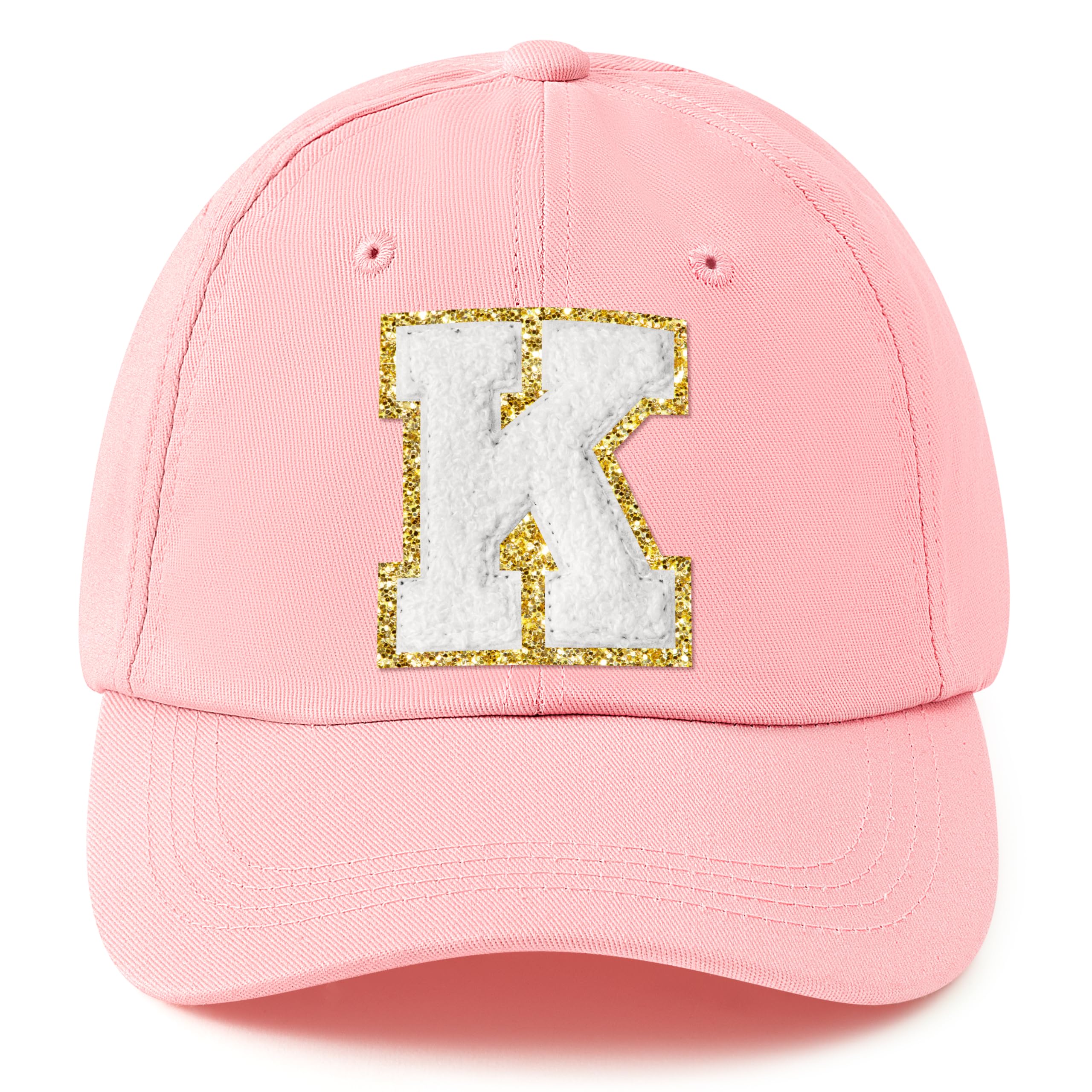B1ykin Women's Baseball Cap Adjustable White Chenille Letter Patch Pink Hat, Classic Sports Washed Cotton Hat for Girls Women