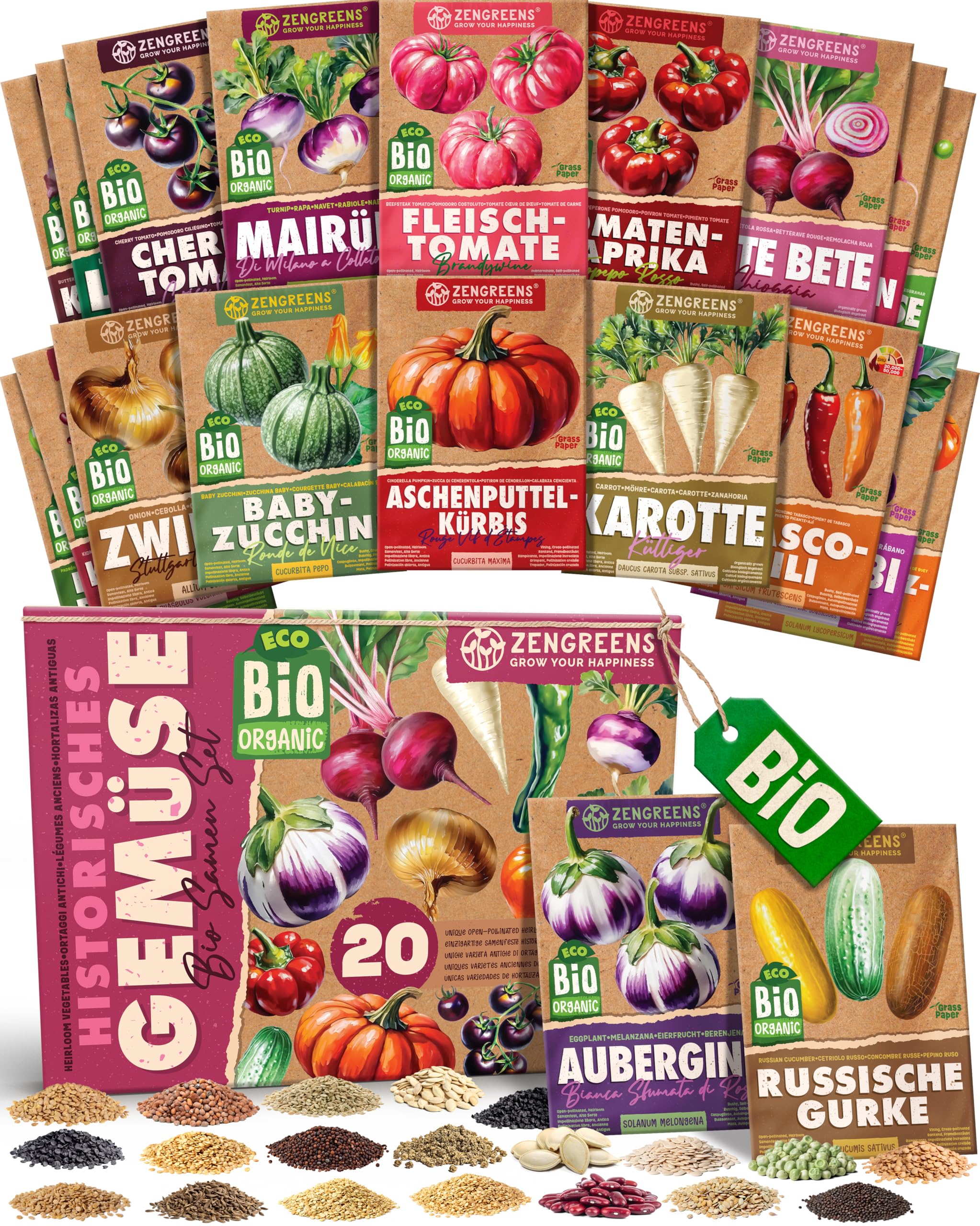 ZenGreens® - Bio Historische Gemüsesamen im 20er Set - 20 Historische Gemüse Samen für den einfachen Anbau im Garten, Balkon oder Hochbeet - Pflanzensamen - Saatgut
