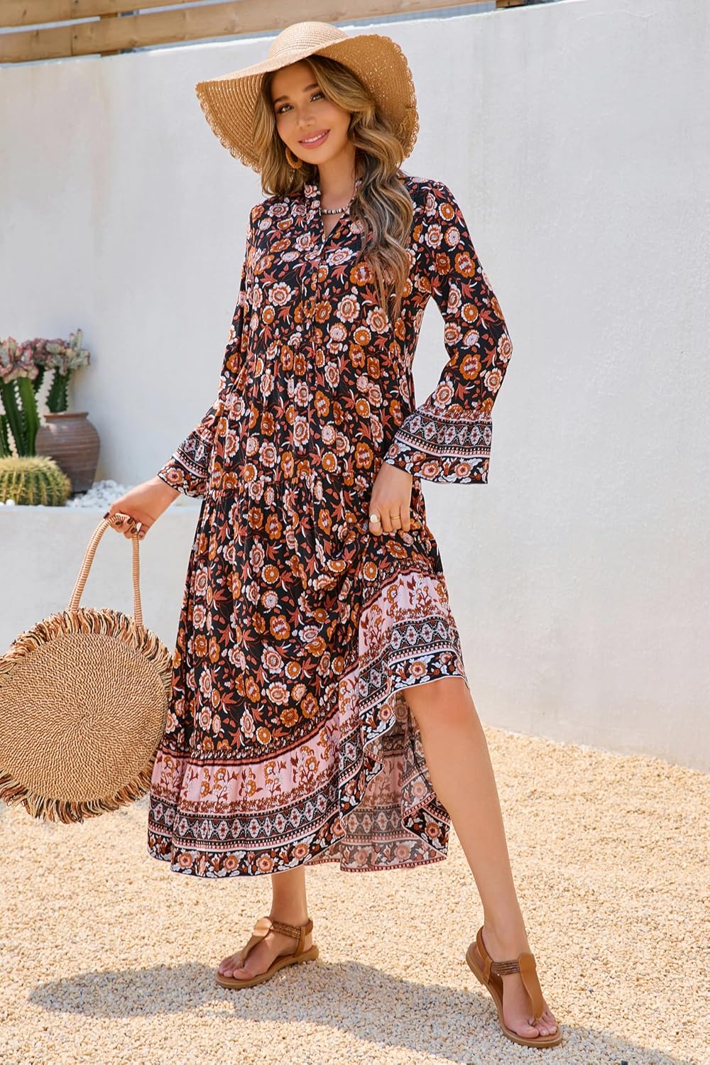 R.Vivimos Women's Boho Floral Print Midi Dress 2026 Long Sleeve V Neck Button Up Casual Loose Flowy Beach Long Dresses - Image 7