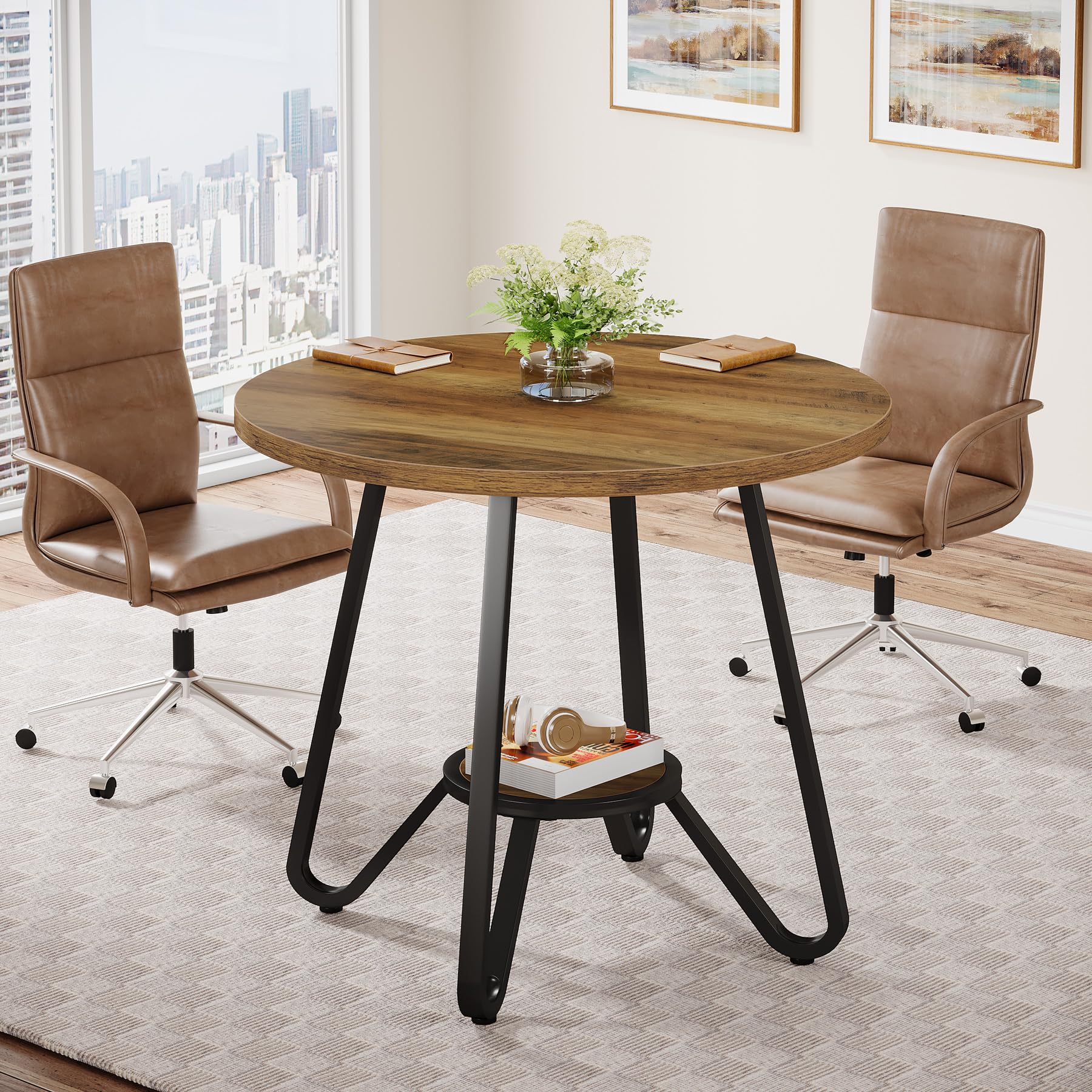 Tribesigns Runder Besprechungstisch 80×80×75 cm, Kleiner Konferenztisch für 2-4 Personen, Kompakter Holztisch für Büro und Arbeitszimmer, Braun