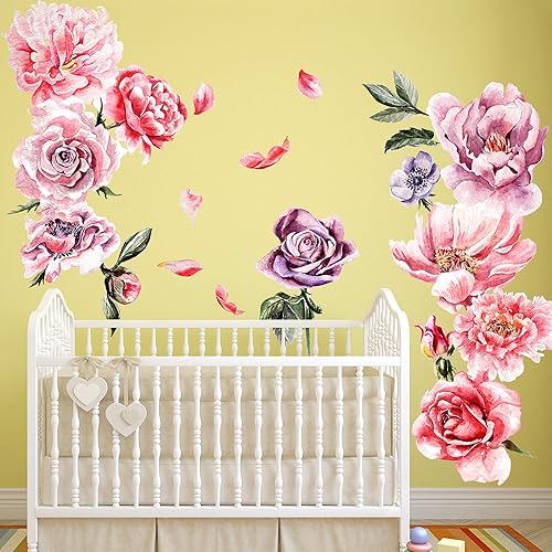 Miniatura 5 de Amaonm - Calcomanías de pared removibles en 3D con flores de peonía rosa y rojas con plantas verdes, calcomanías de pared, calcomanías de pared para