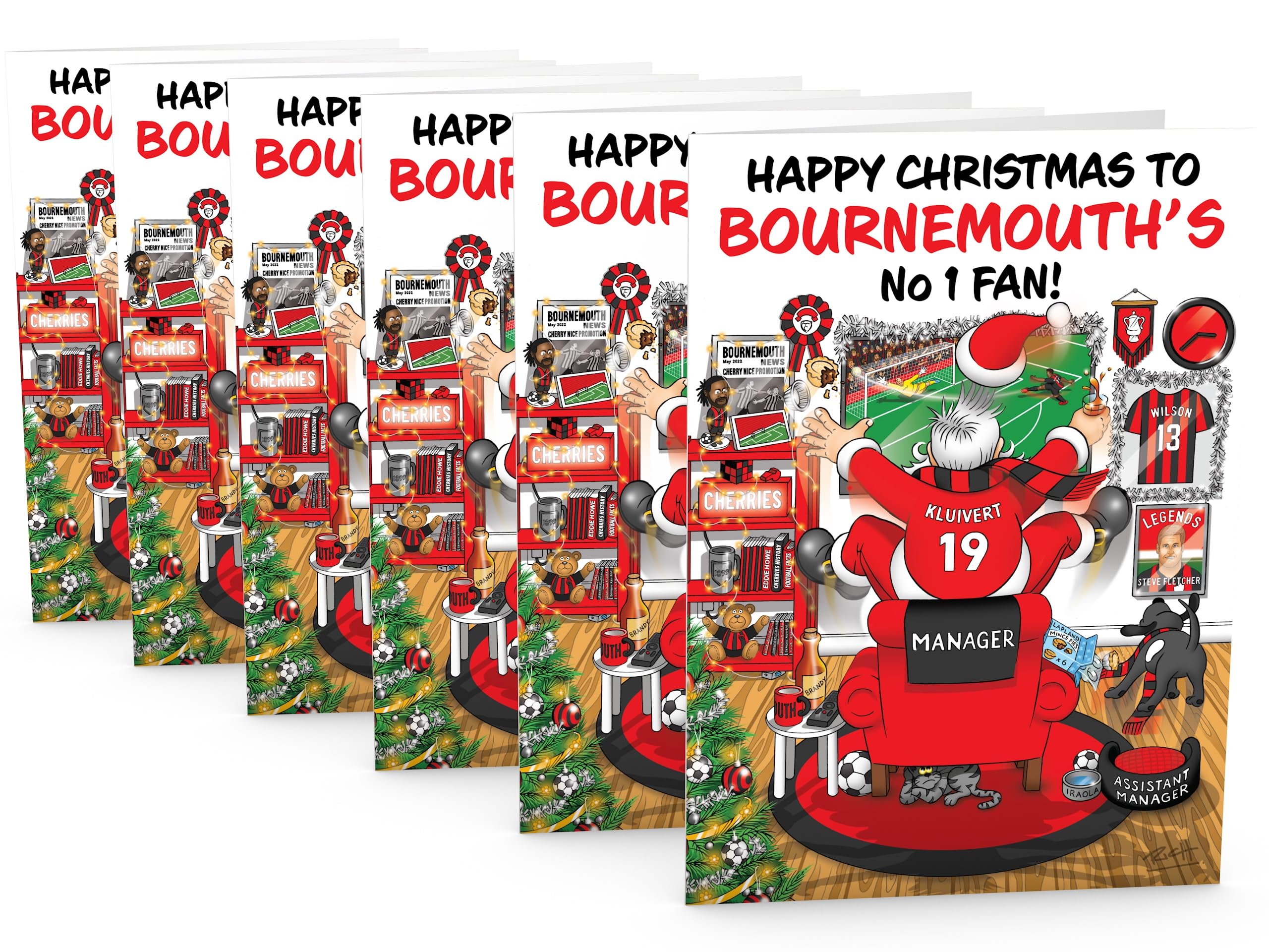 Football Christmas Card for Bournemouth Fans Pack of 6 Cards Santa Jumping Out of Chair to Support Team Funny Rear of Card Showing Rudolph Supporting Rival Club Large A5 Made in UK