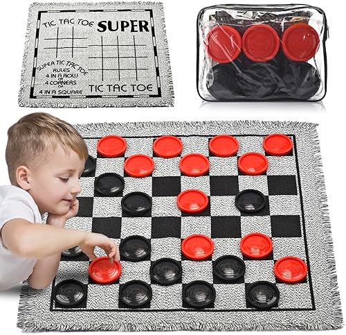 Juego de mesa de damas gigantes, 3 en 1, juego de mesa de damas clásico para niños y adultos, tapete de juego de alfombra de damas grande, juego de