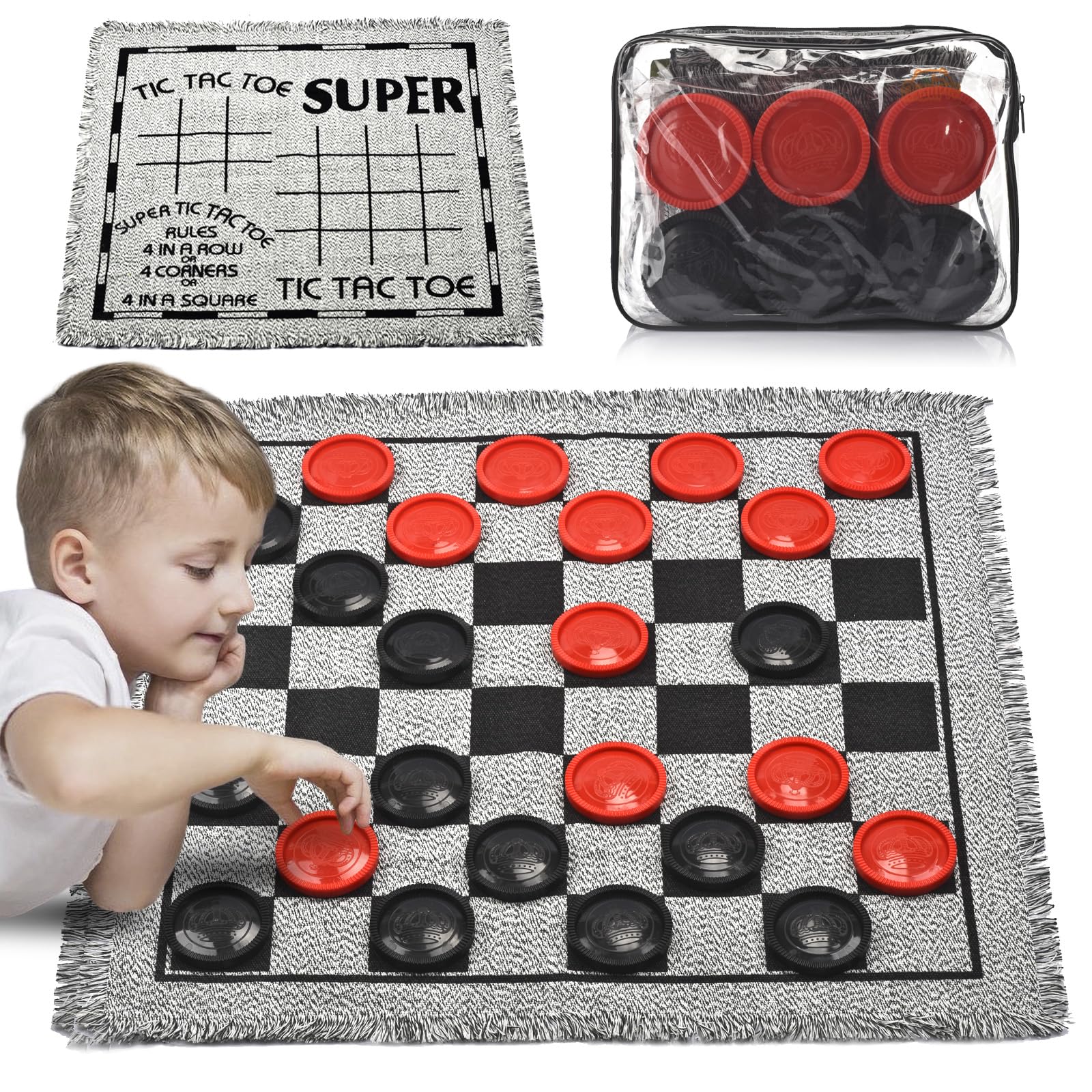 QuadPro Giant Checkers Board Game Set,3 in 1 Jumbo Tic Tac Toe Game,Classic Checkers Board Game for Kids & Adults,Large Checkers Rug Game Mat,Indoor Outdoor Yard Game for Family Camping Party
