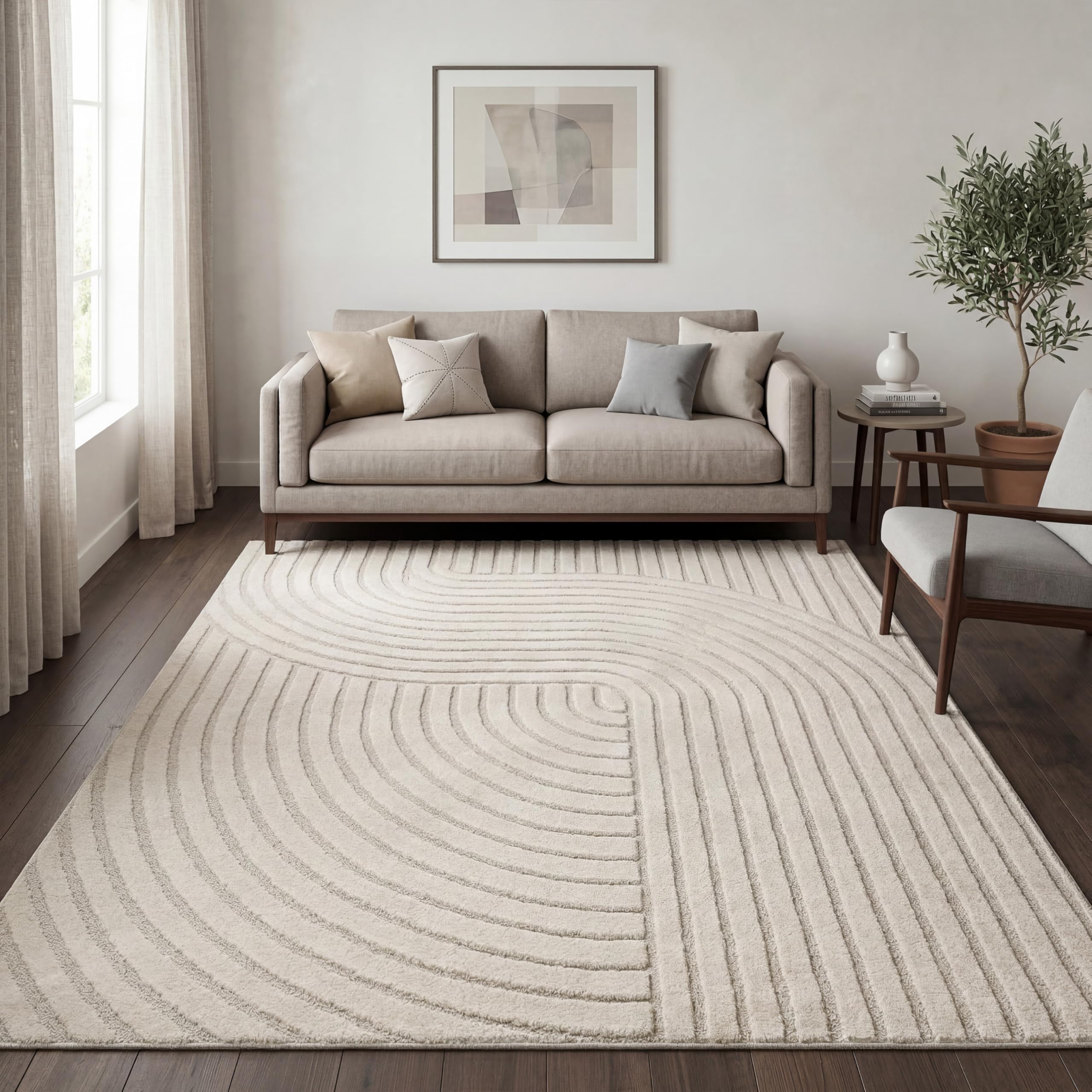 Paco Home Modern living room rug short pile Scandinavian Japandi style Panglao solid color high-low effect abstract pattern 3D effect soft pile cream, Size:240x330 cm
