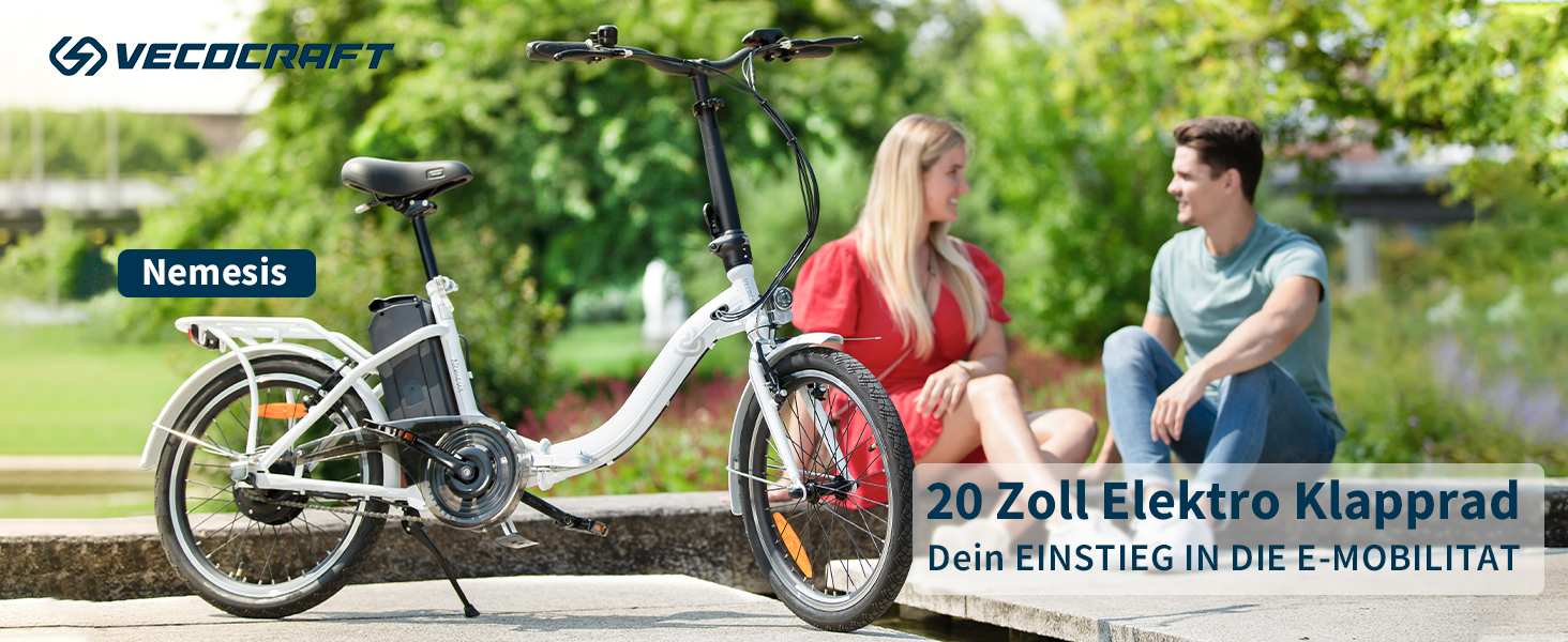 VecoCraft 20 Zoll Klappbar E-Bike Nemesis | 250W Motor, 25 km/h, 36V 7.8Ah abnehmbaren Lithiumbatterien Reichweite 65km | e Bike für Pendler & Stadt