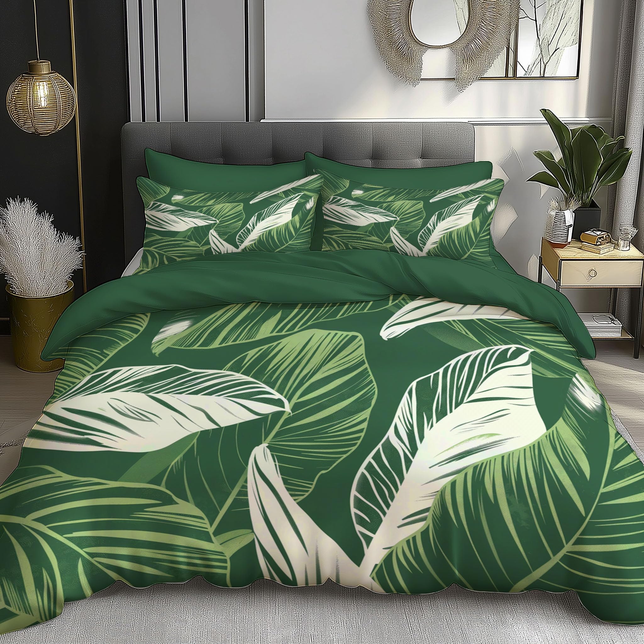 Housse de couette feuilles tropicales 200x200cm zippée en microfibre anti-plis vert olive