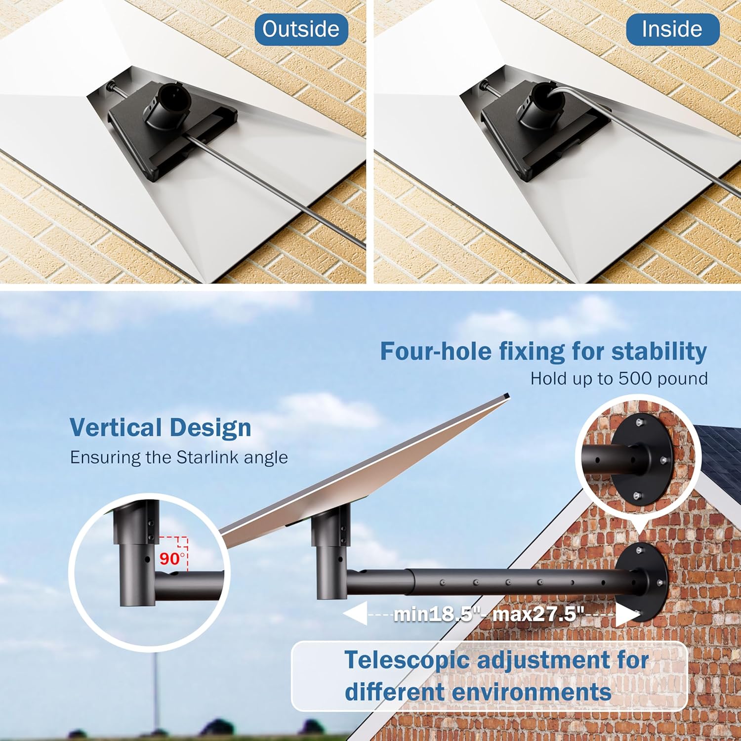 Starlink Gen 3 Extendable Wall Mount Kit for Internet Satellite, Compatible With Gen3 / V3 Standard Dish, Long-Lasting Aluminum Alloy for OutdoorInclude Gen 3 Pipe Adapter
