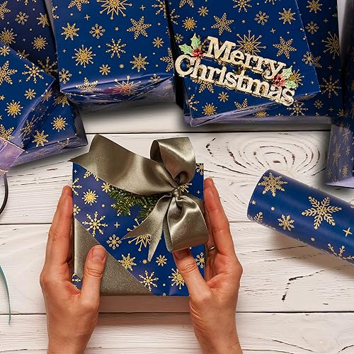 Miniatura 9 de Rancco Papel de regalo de Navidad con 6 calcomanías metálicas, 6 piezas de papel de estraza con patrón brillante de papel de estraza con copos de