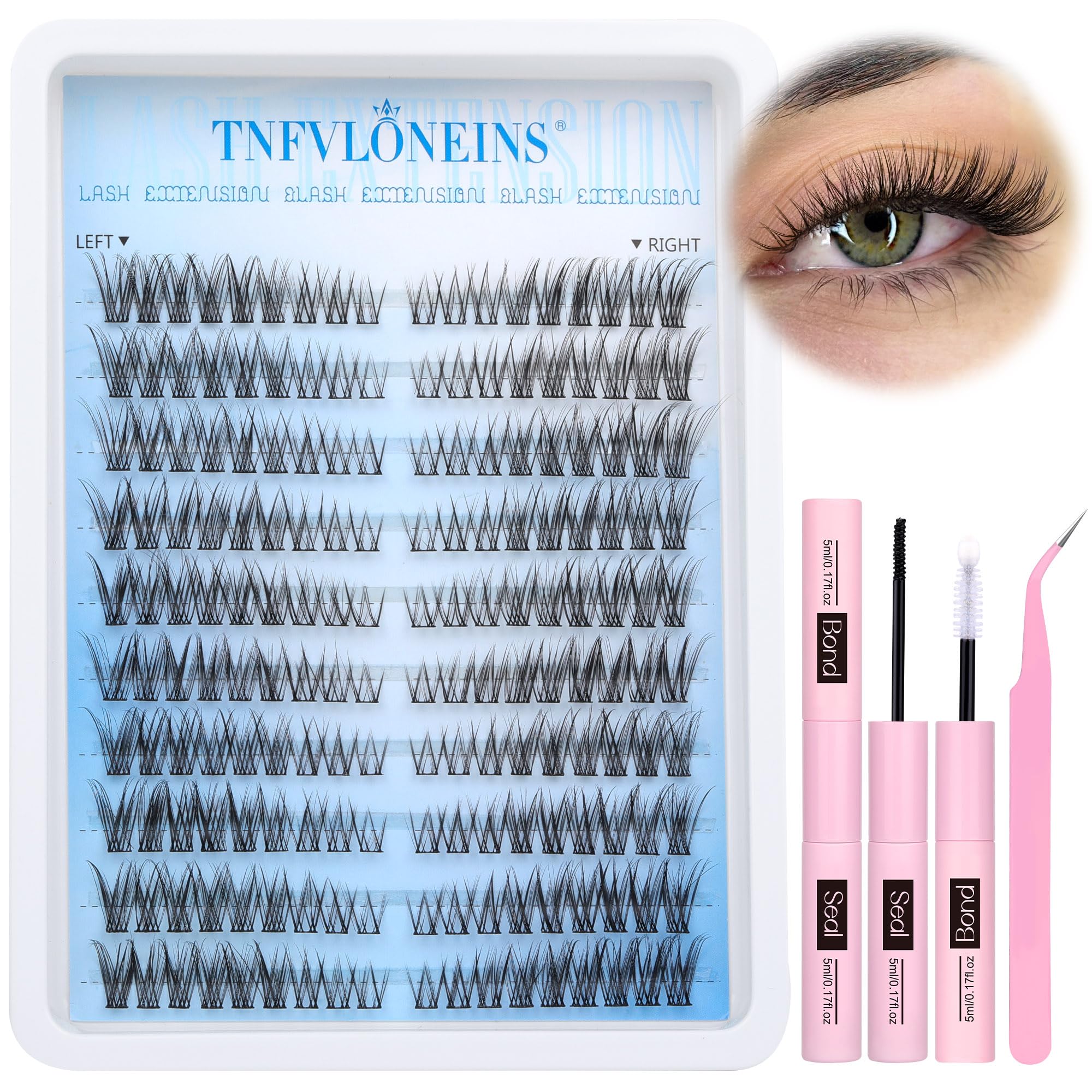 TNFVLONEINS Wispy Lash Extension Kit Left&Right Eyelash Extension Kit Natural Lash Clusters Kit 180Pcs Cluster Eyelash Extensions Kit C Curl Individual Lashes with Bond and Seal and Tweezers