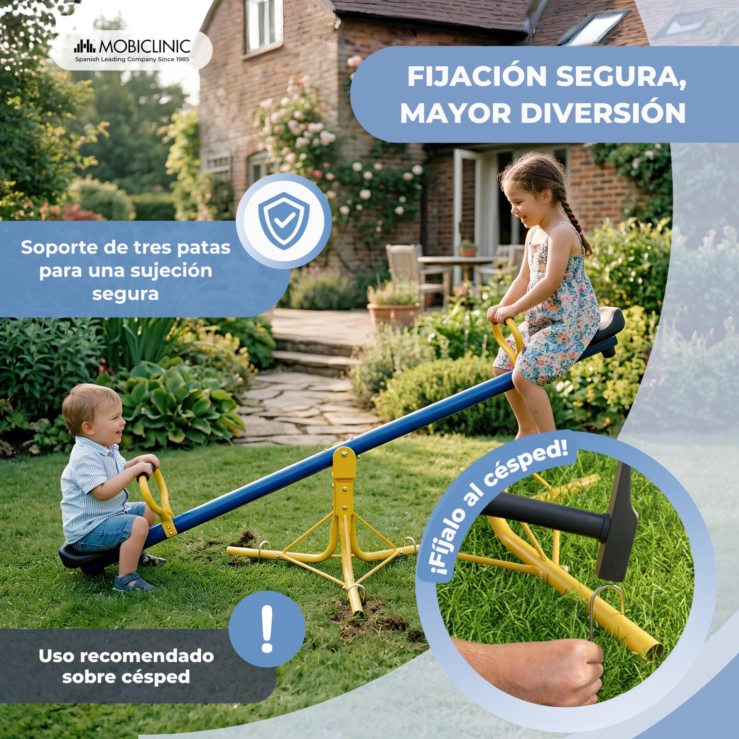 Mobiclinic®, Balancín Infantil Giratorio 360º, 200x66x35 cm, 2 Plazas, Agarre con Espuma, Máx. 70 kg, Gancho de Sujeción a la Superficie, Sube y Baja Infantil, Seguro y Estable, Mobifun