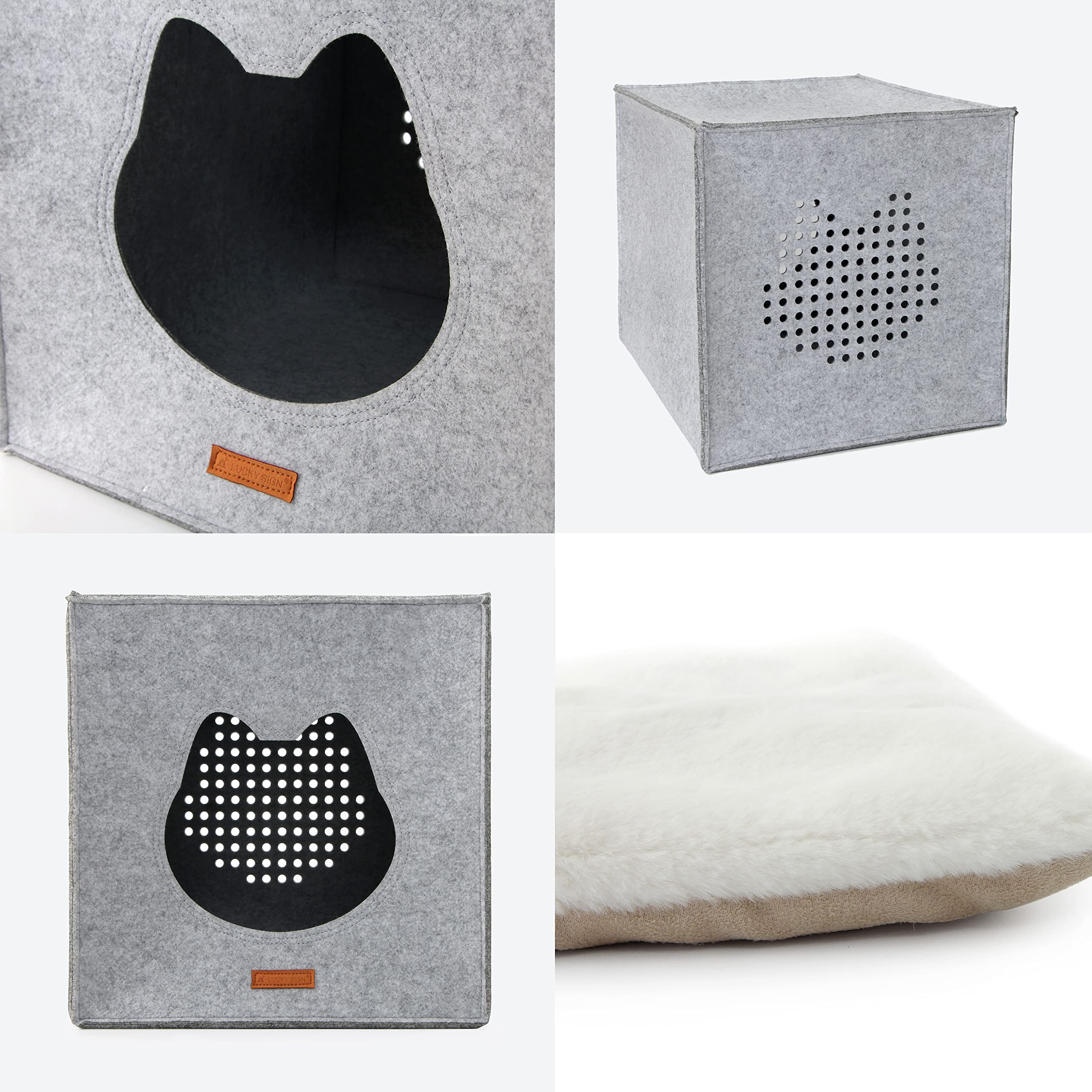 LuckySign Katzenhöhle Kallax Regal Katzenhaus mit Kissen Katzen Kuschelbett für 2 Katzen oder große Katzen, 33X33X37cm - Hellgrau