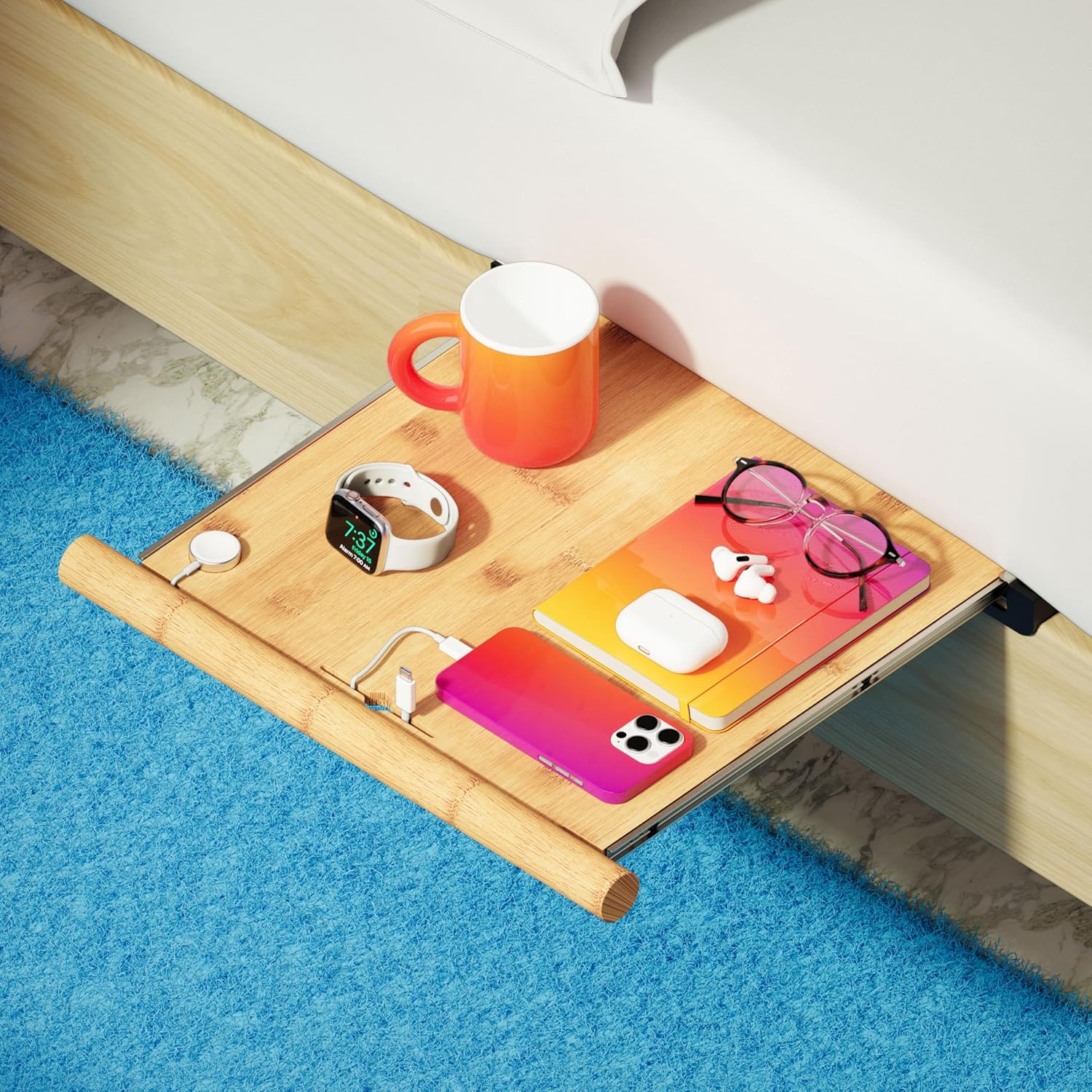 Retractable Bamboo Bedside Shelf – Stowy, The Bedside Organizer for Box Springs, Flat Base and Platform Beds – Bedside Caddy and CPAP Nightstand Solution